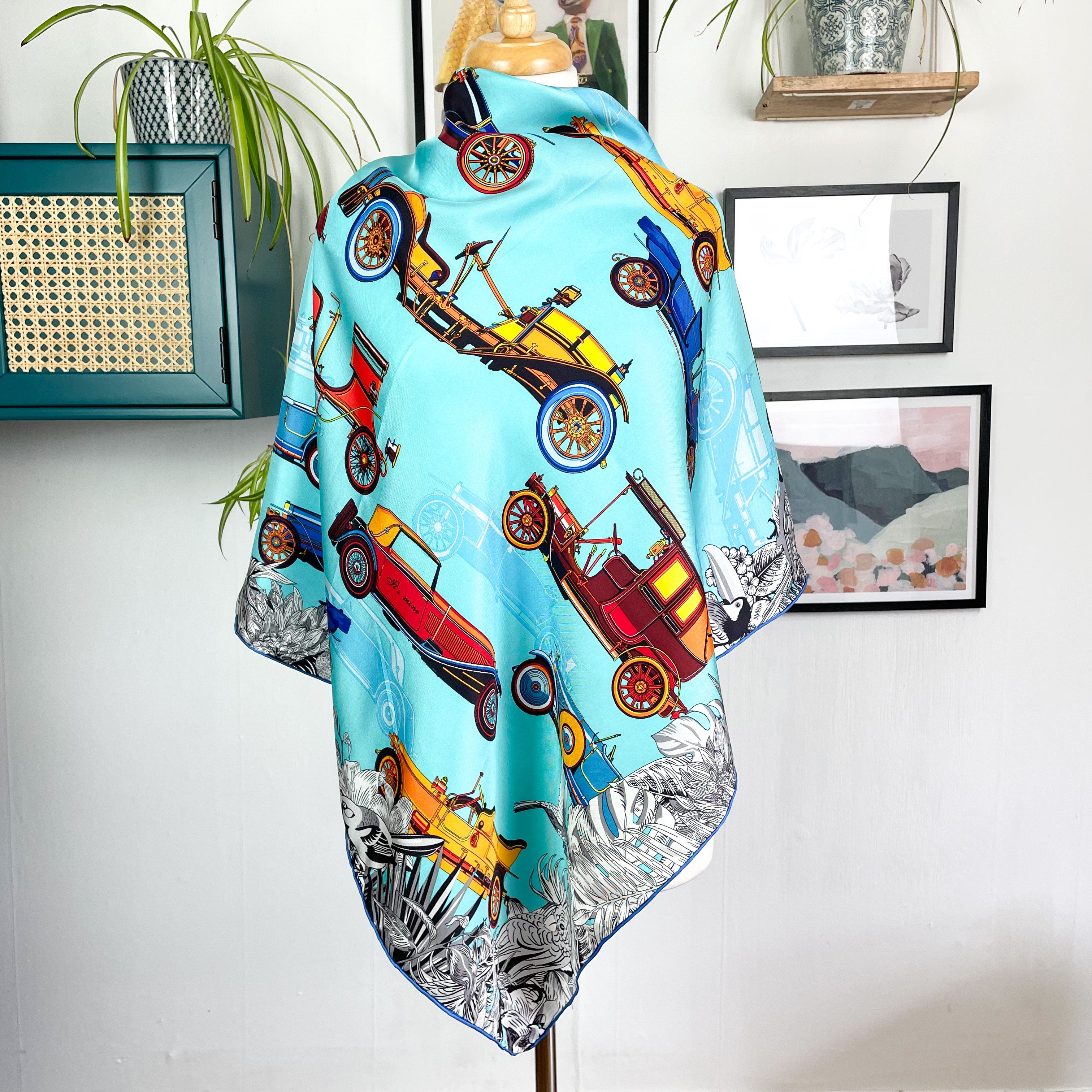 Old Car Design Turquoise Large Silk Scarf