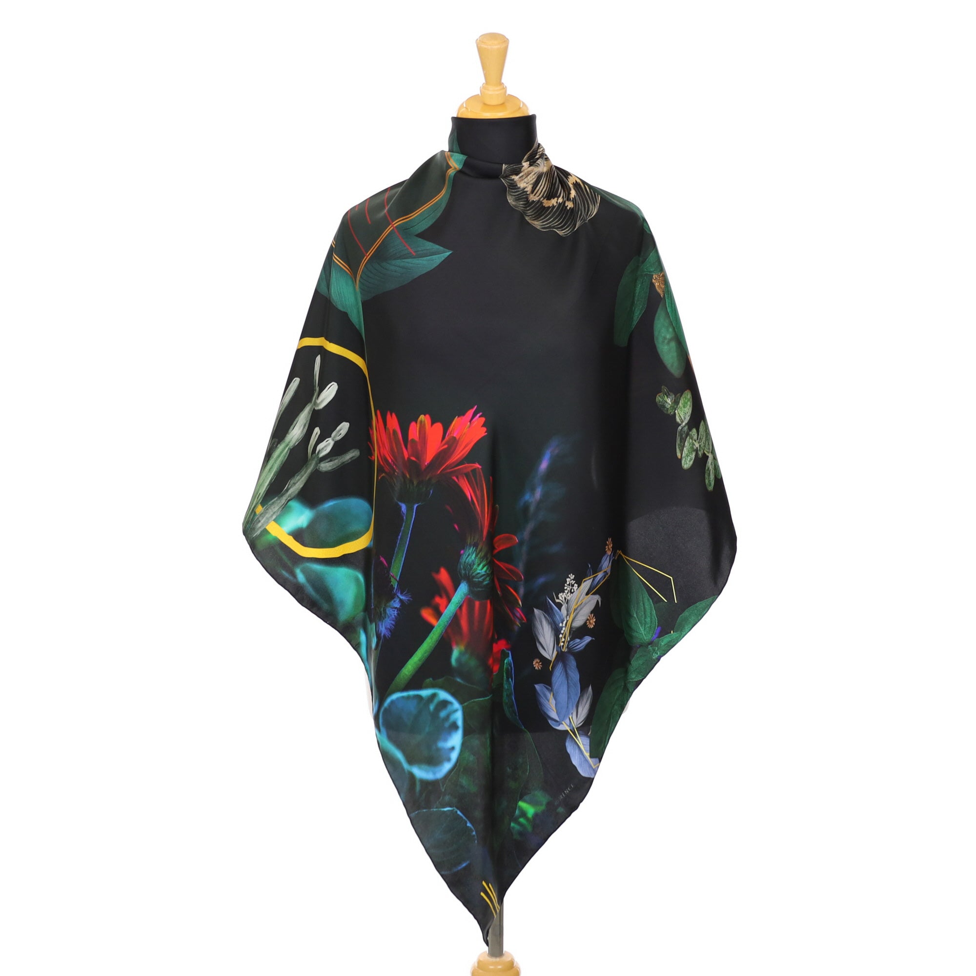 Brand New Black Botanical Silk Scarf
