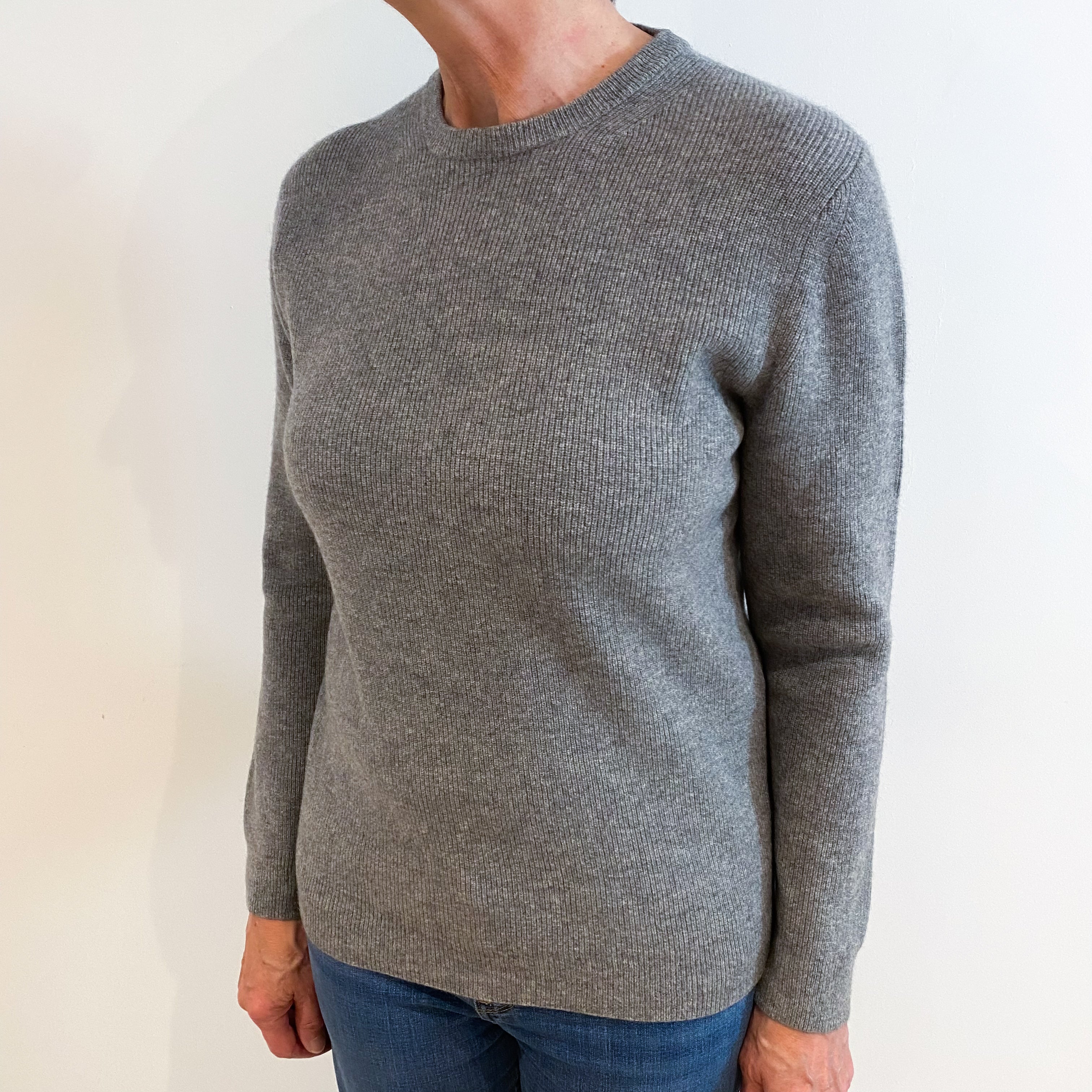 Ash Grey Cashmere Crew Neck Textured Knit Jumper Medium