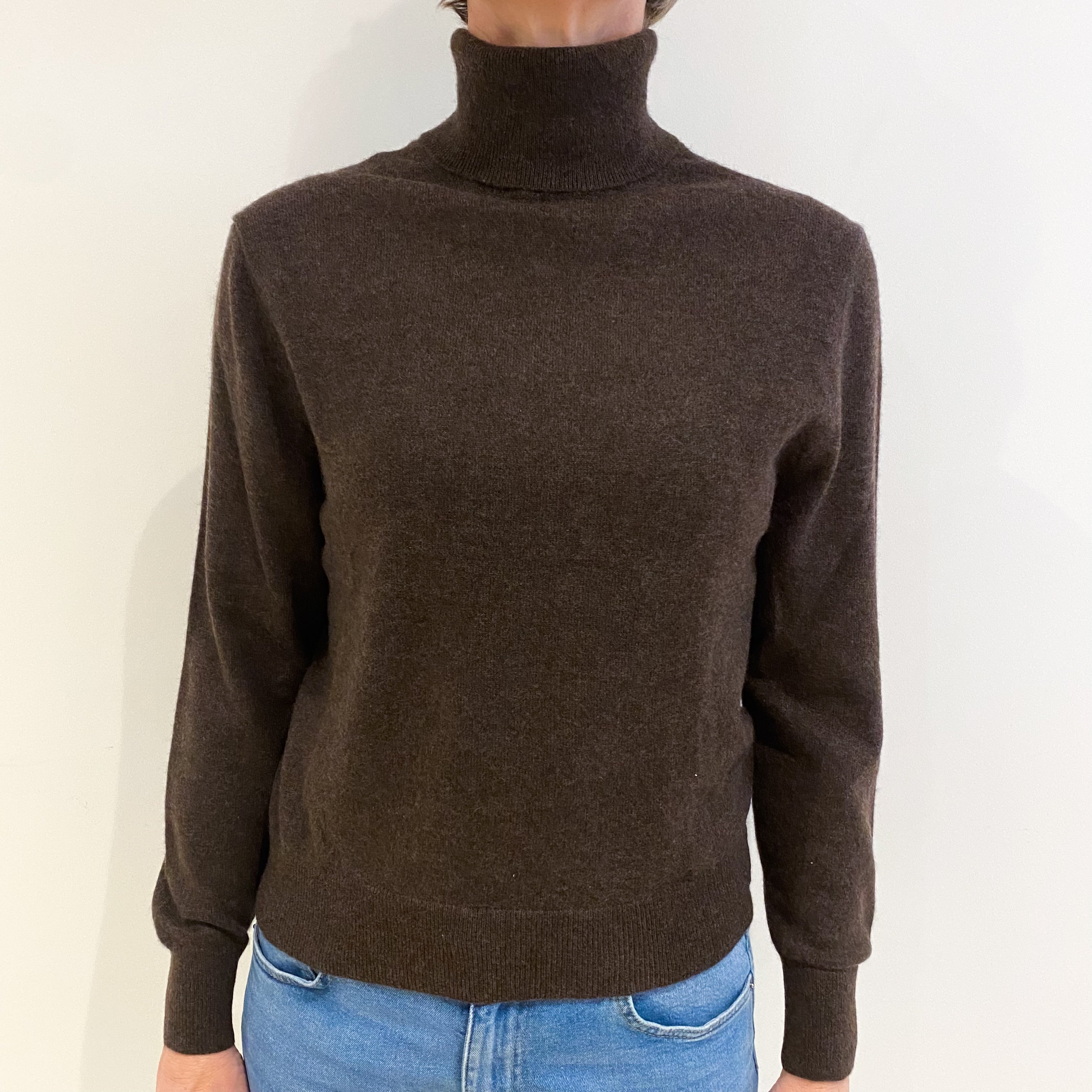 Dark Chocolate Brown Cashmere Polo Neck Jumper Small