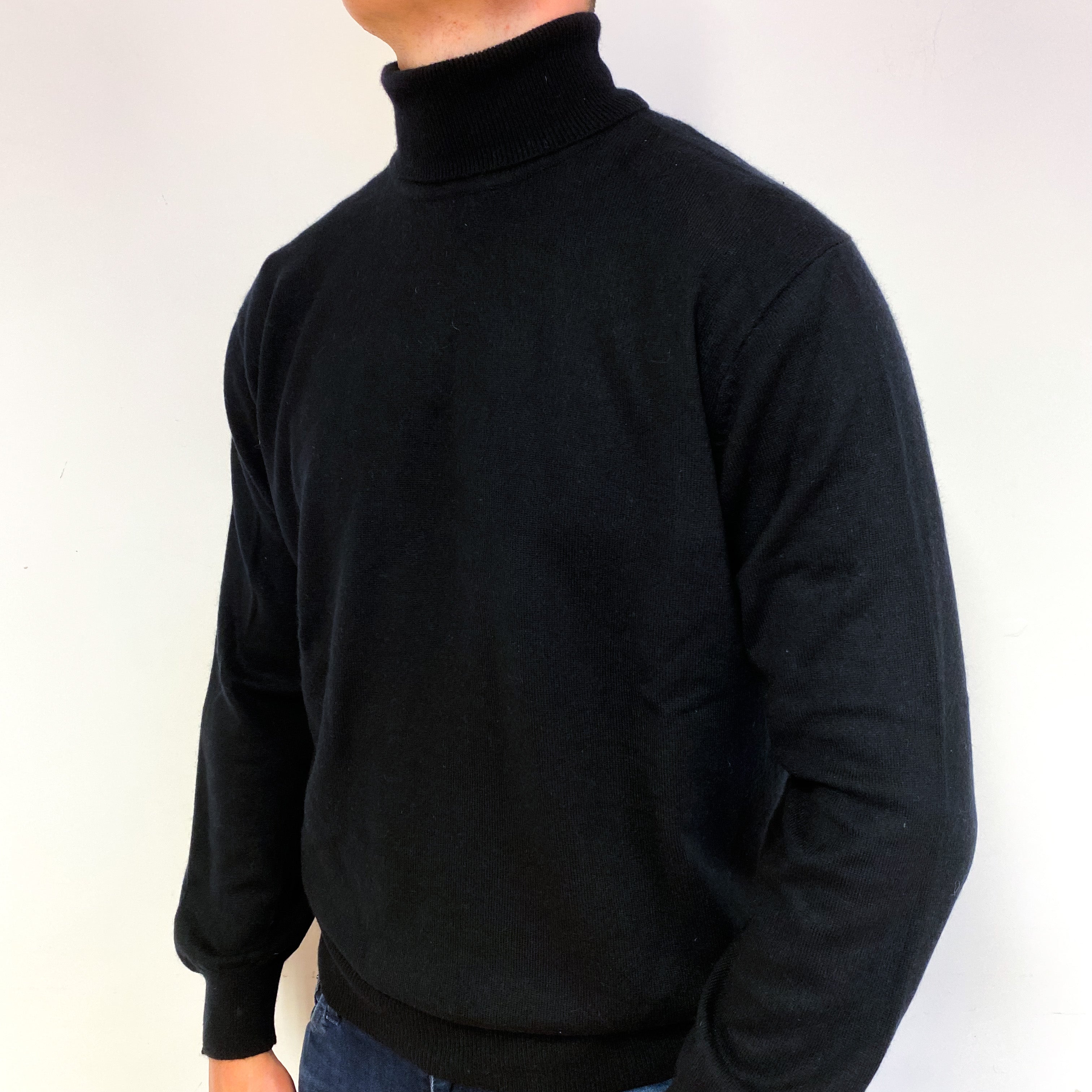 Men's Black Cashmere Polo Neck Jumper Extra Large
