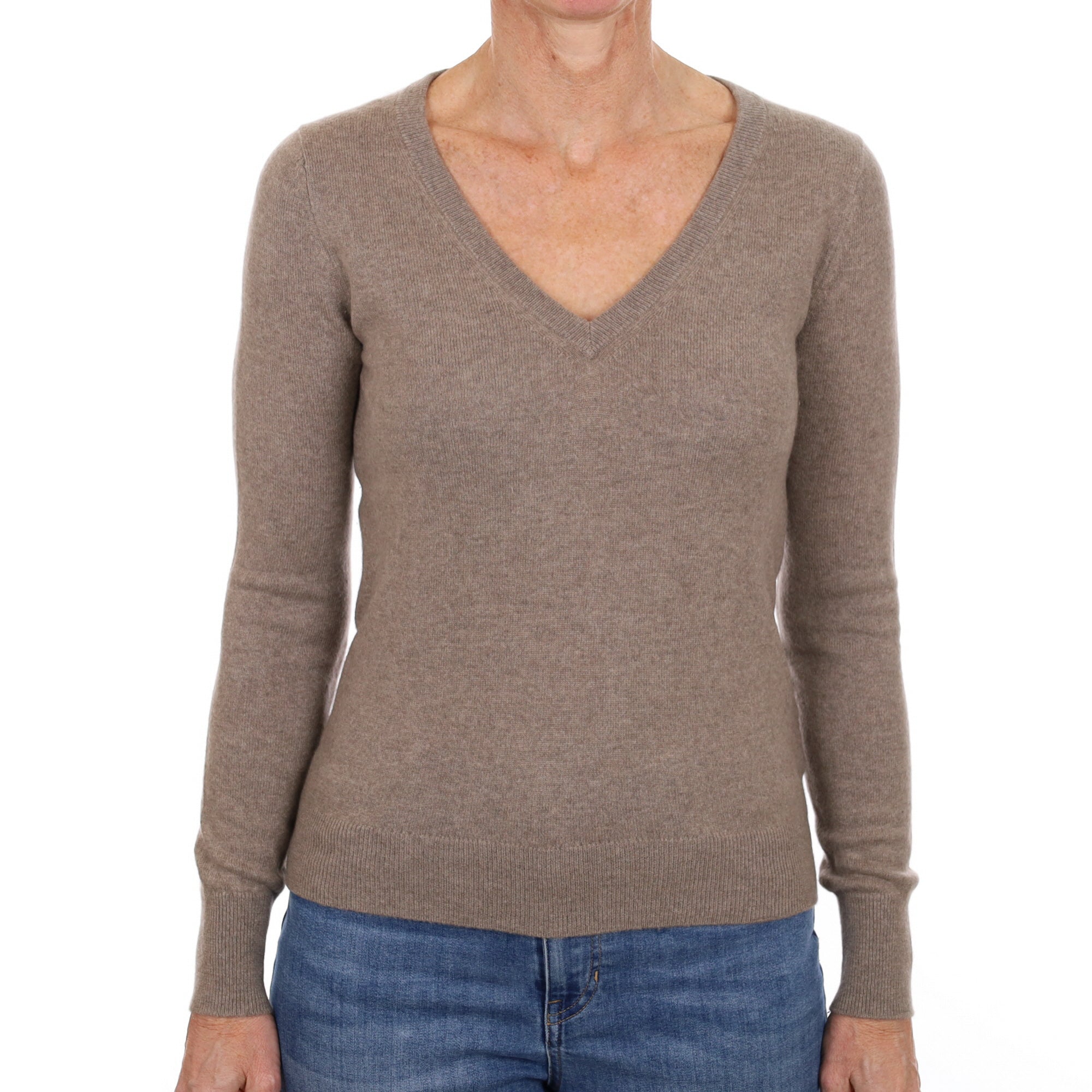 Taupe Brown Cashmere V Neck Jumper Small