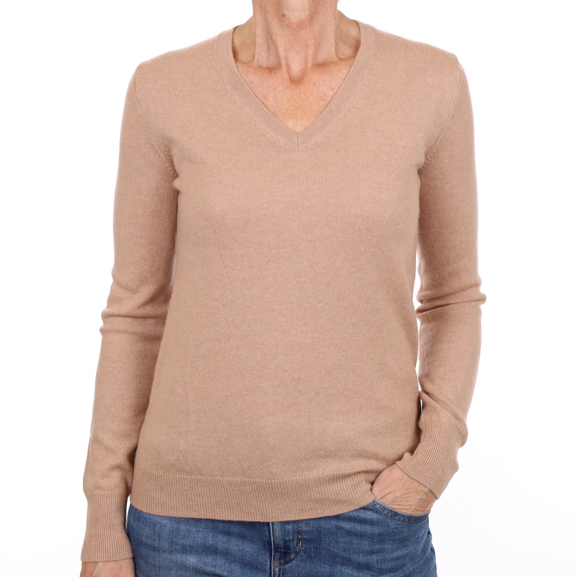 Blush Beige Cashmere V Neck Jumper Small