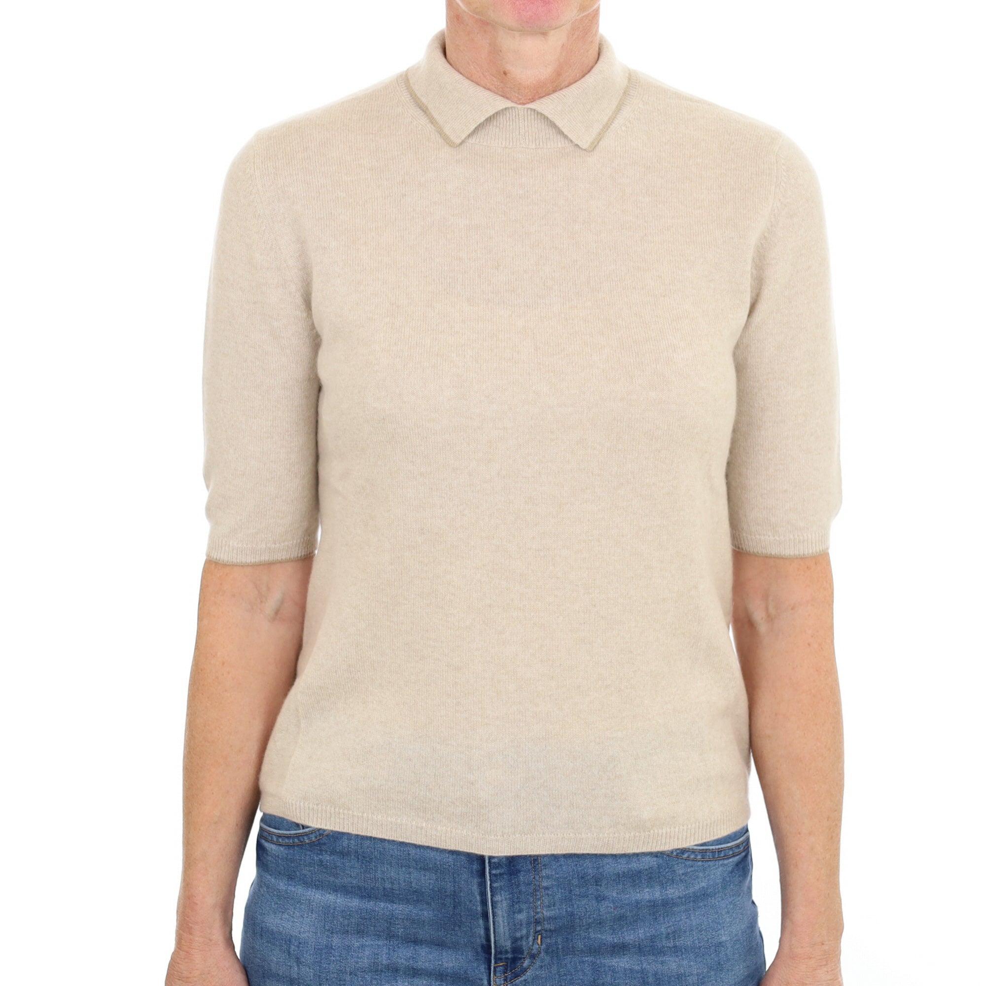 Oatmeal Beige Cashmere Collared Crew Neck Short Sleeved Jumper Small