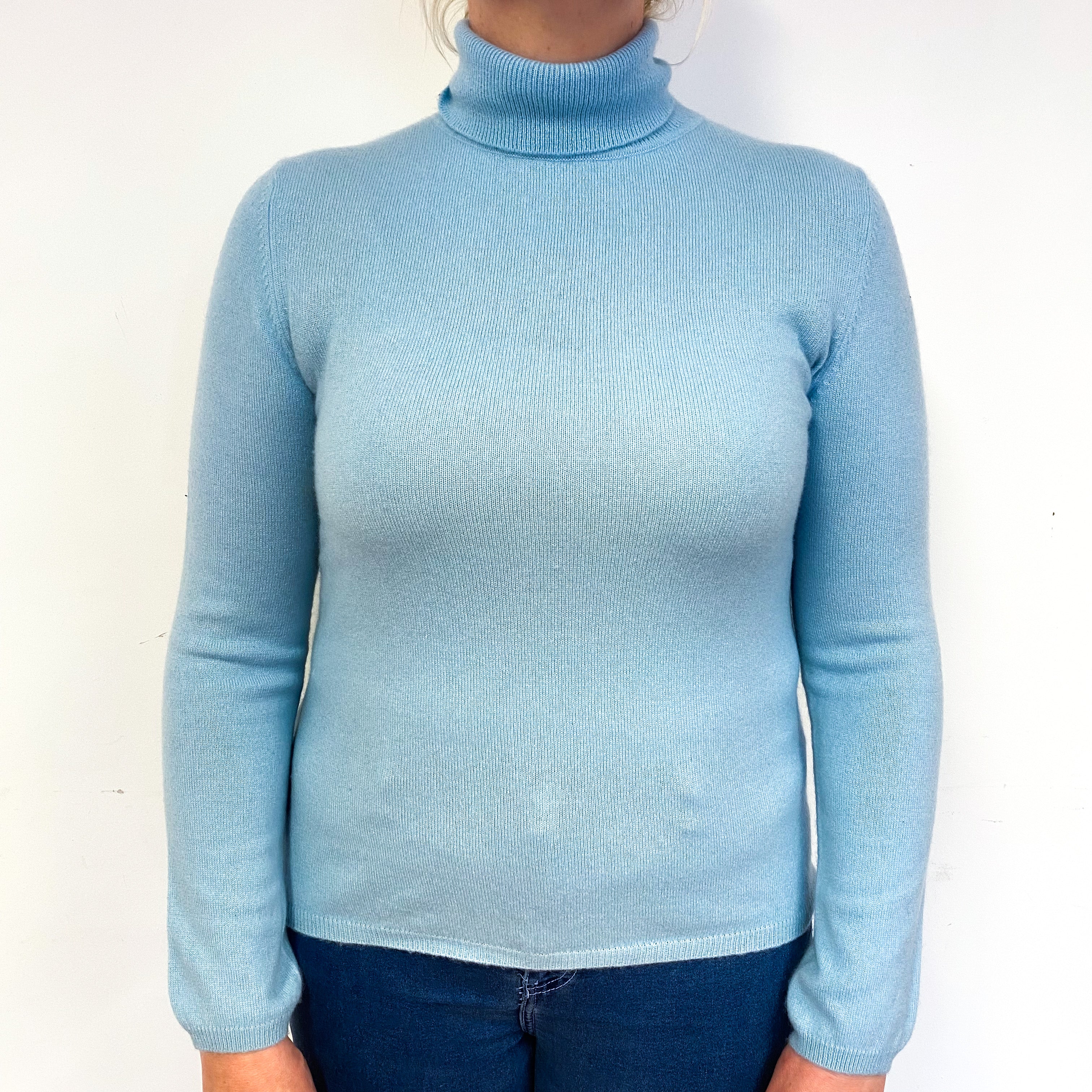 Pale Mint Blue Cashmere Polo Neck Jumper Large