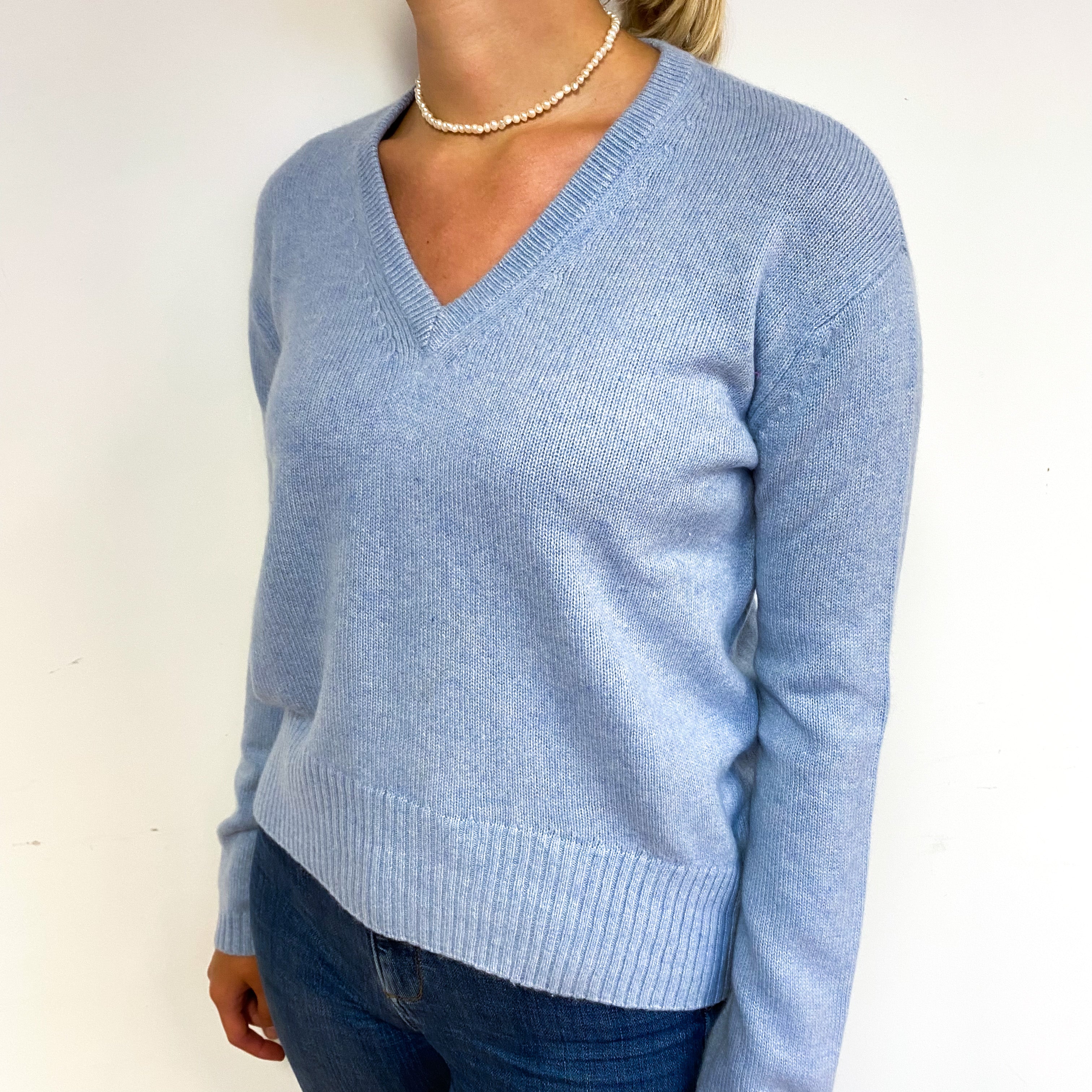 Sky Blue Chunky Cashmere V-Neck Jumper Small