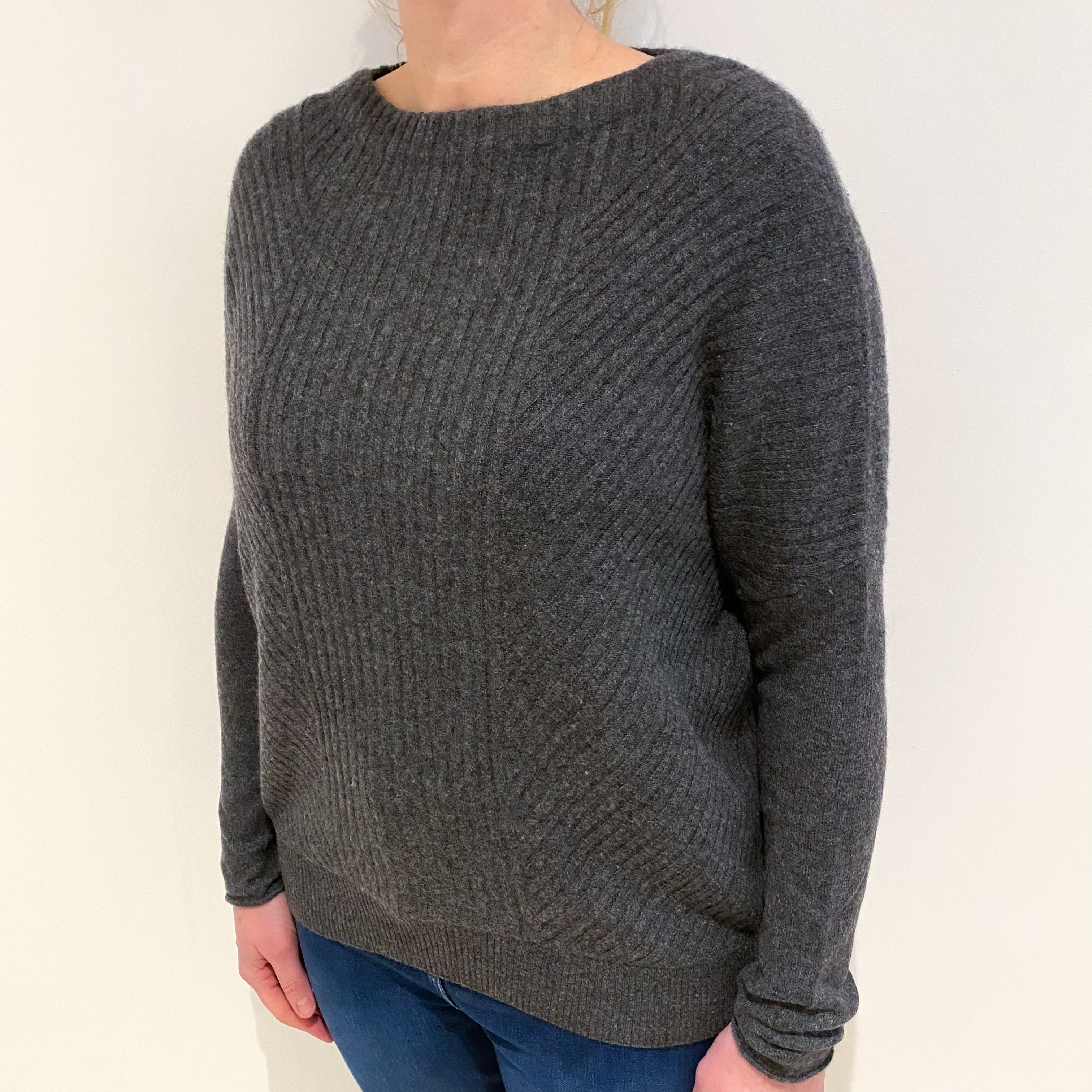 Slate Grey Rib Cashmere Batwing Slash Neck Jumper Large