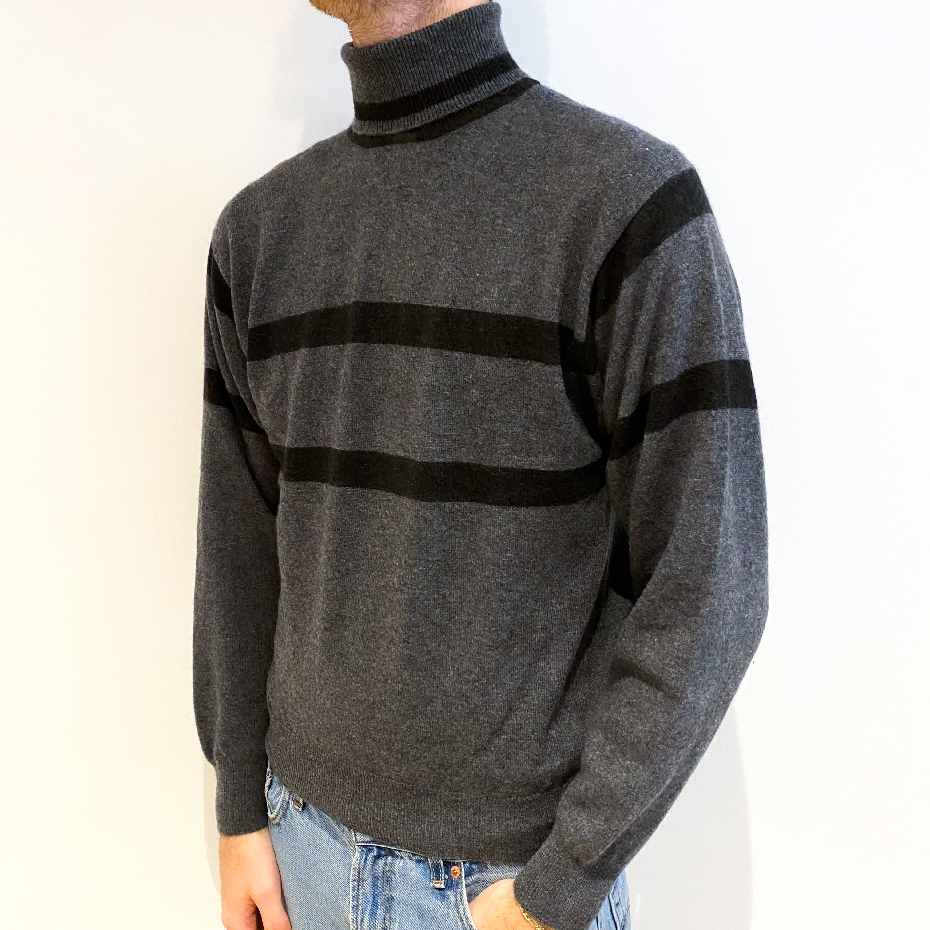 Men's Slate Grey Black Stripe Cashmere Polo Neck Jumper Large