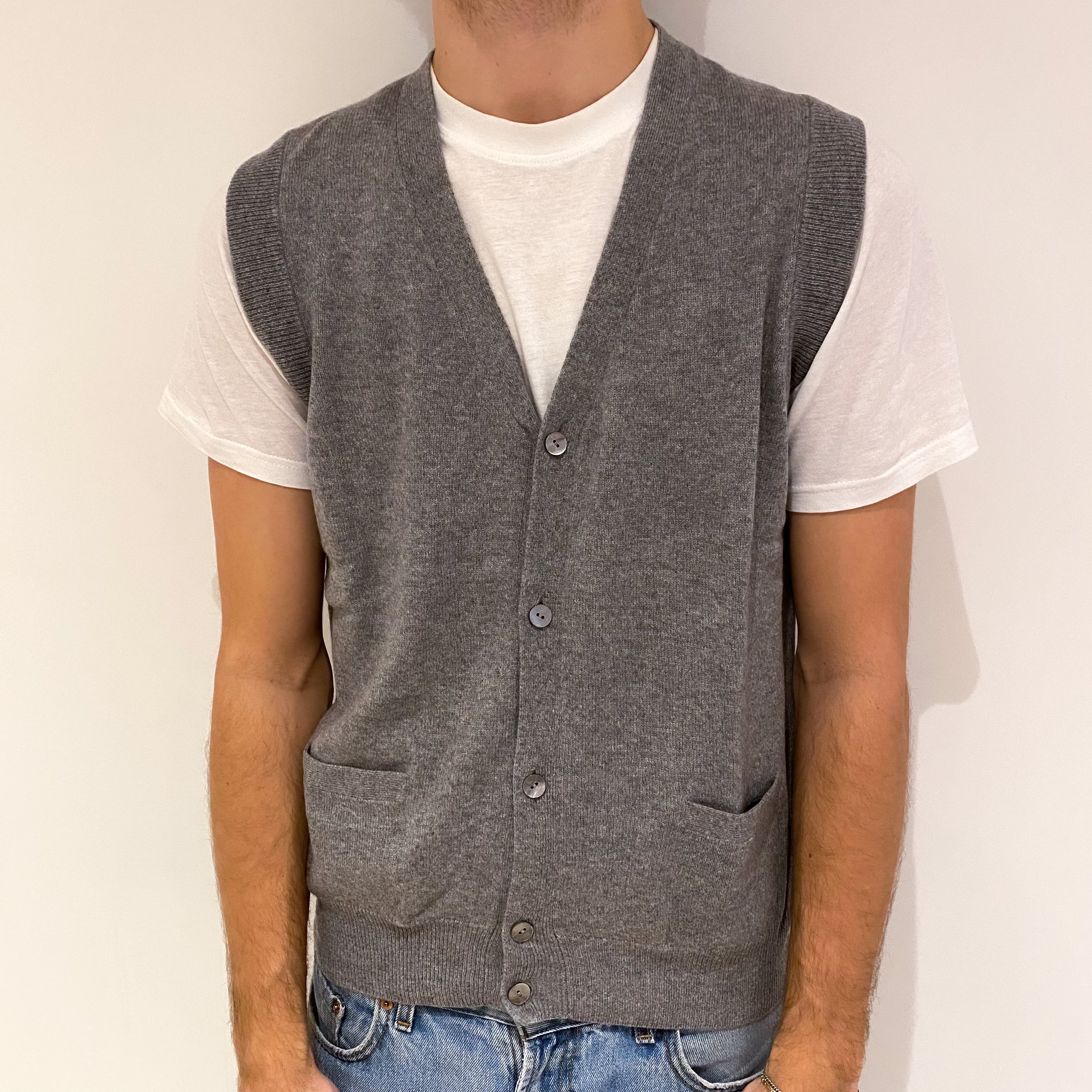 Men's Steel Grey Cashmere V Neck Gilet with Pockets Large