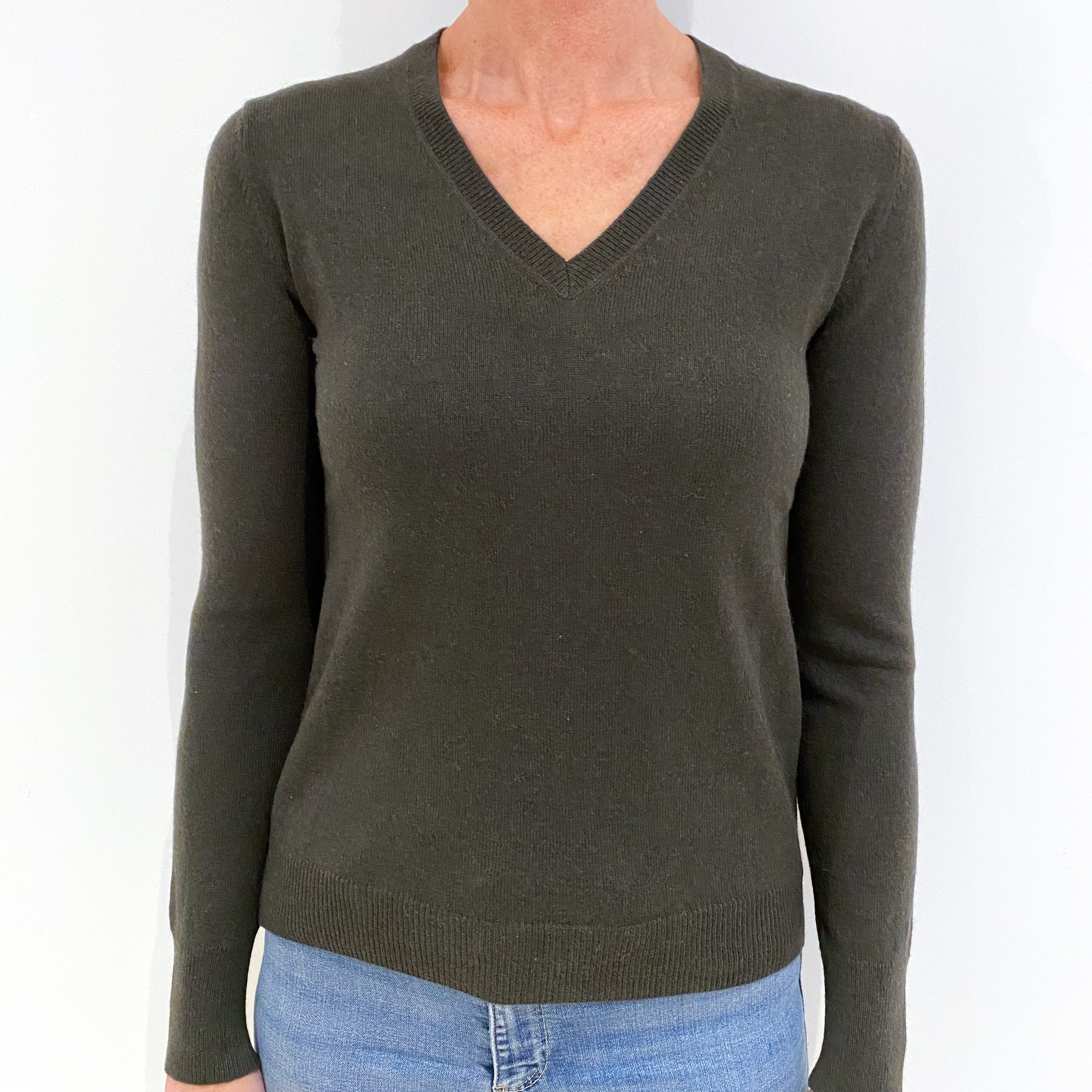 Darkest Khaki Green Cashmere V-Neck Jumper Small