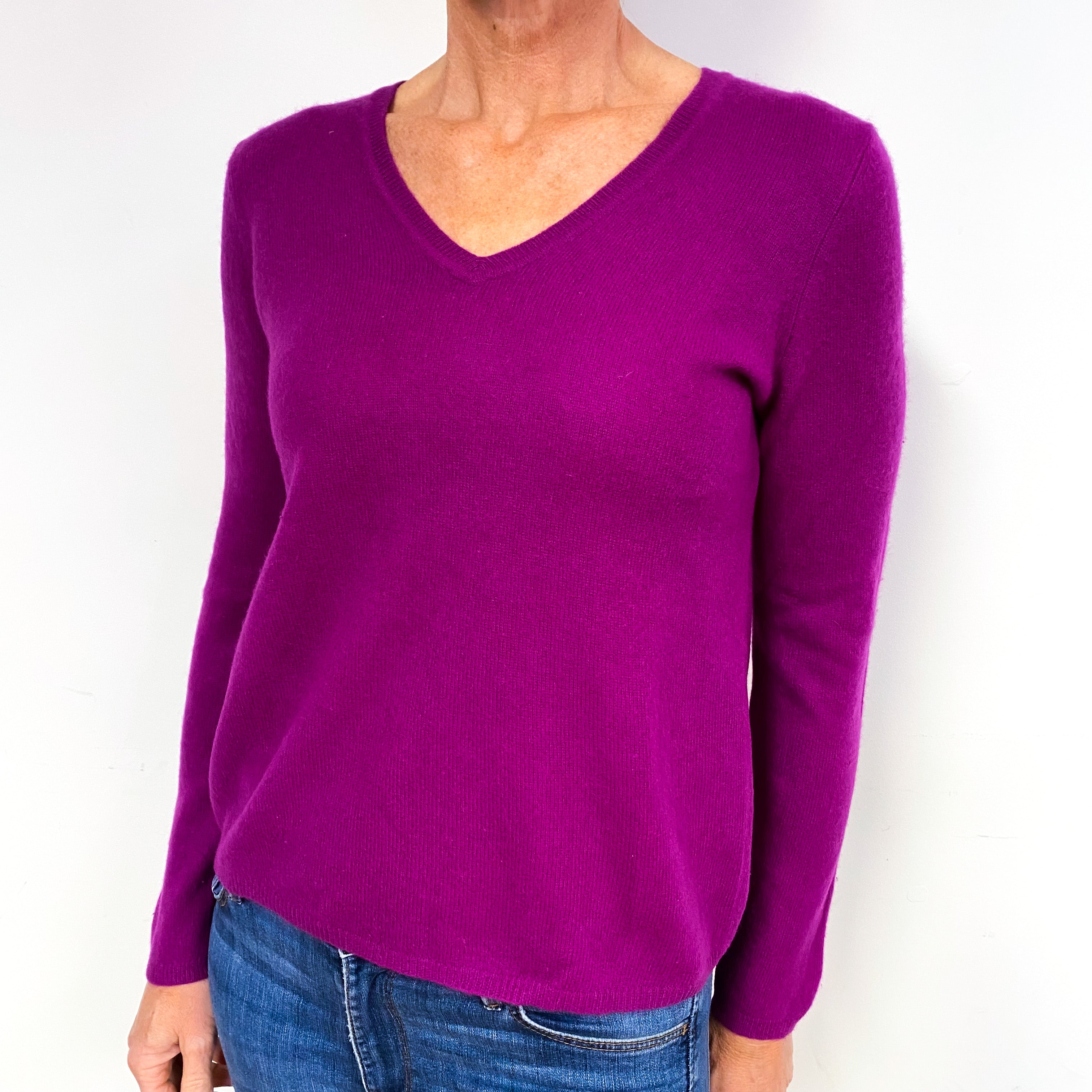 Magenta Purple Cashmere V-Neck Jumper Medium