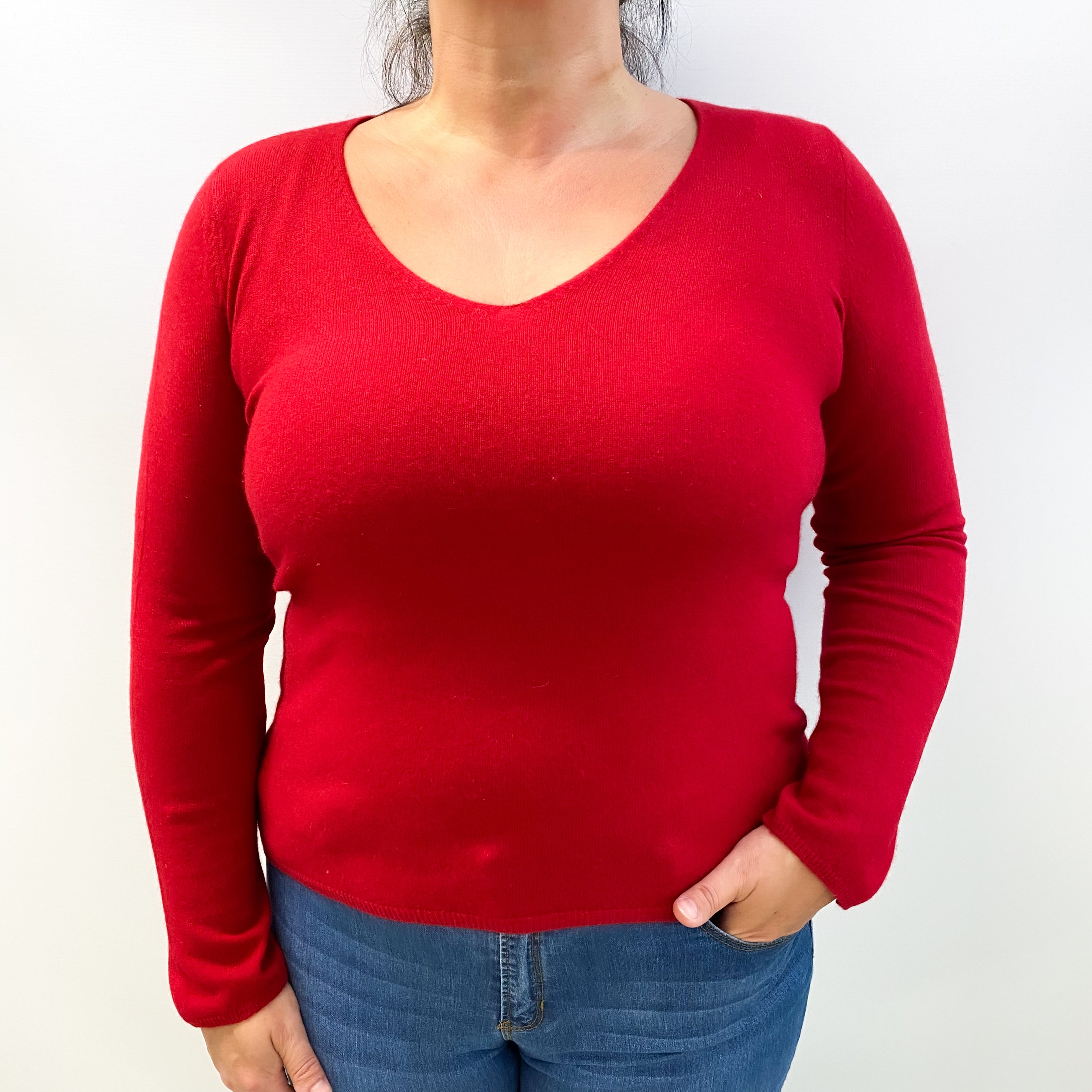 Post Box Red Cashmere V Neck Jumper Large
