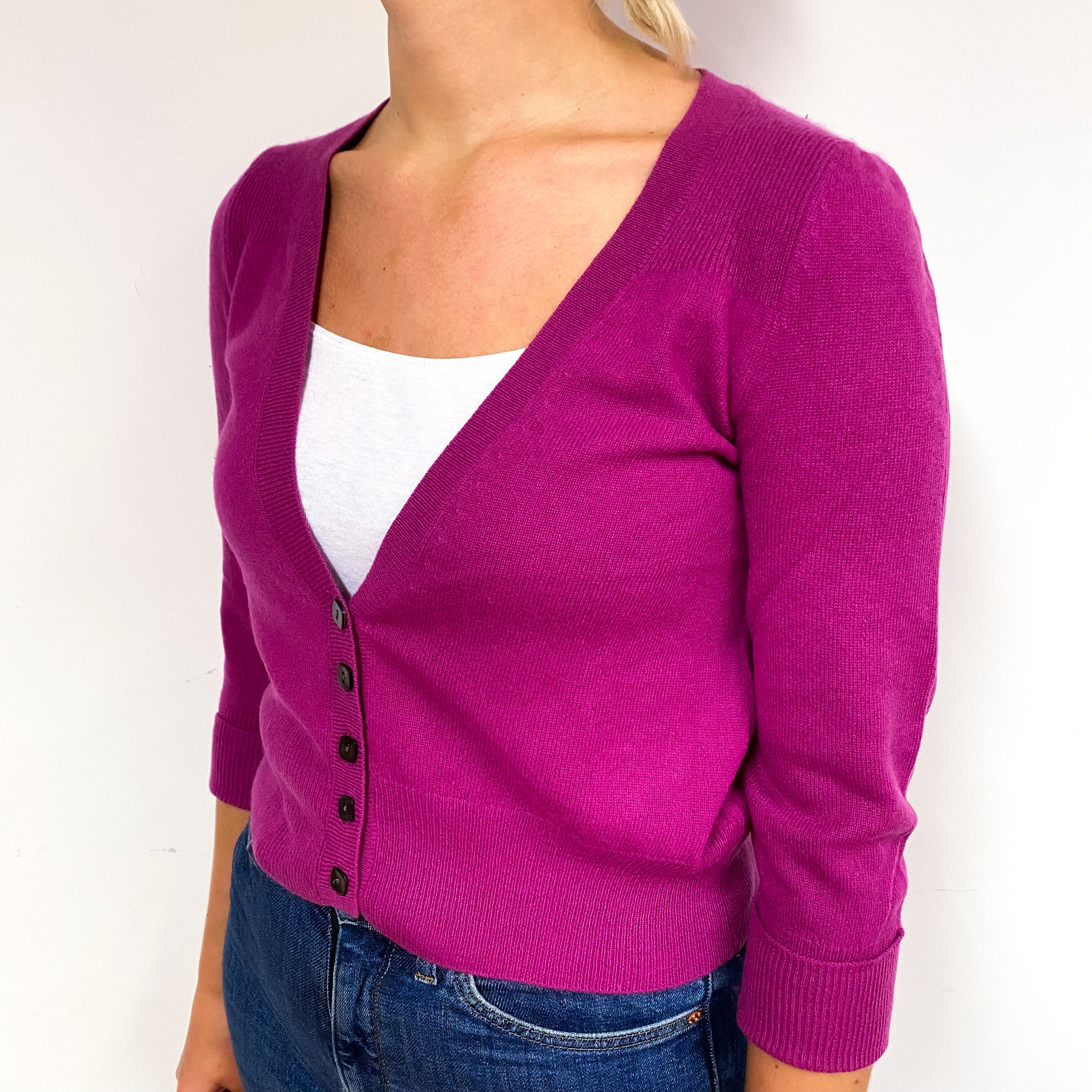 Magenta Pink Cropped Cashmere V-Neck Cardigan Small