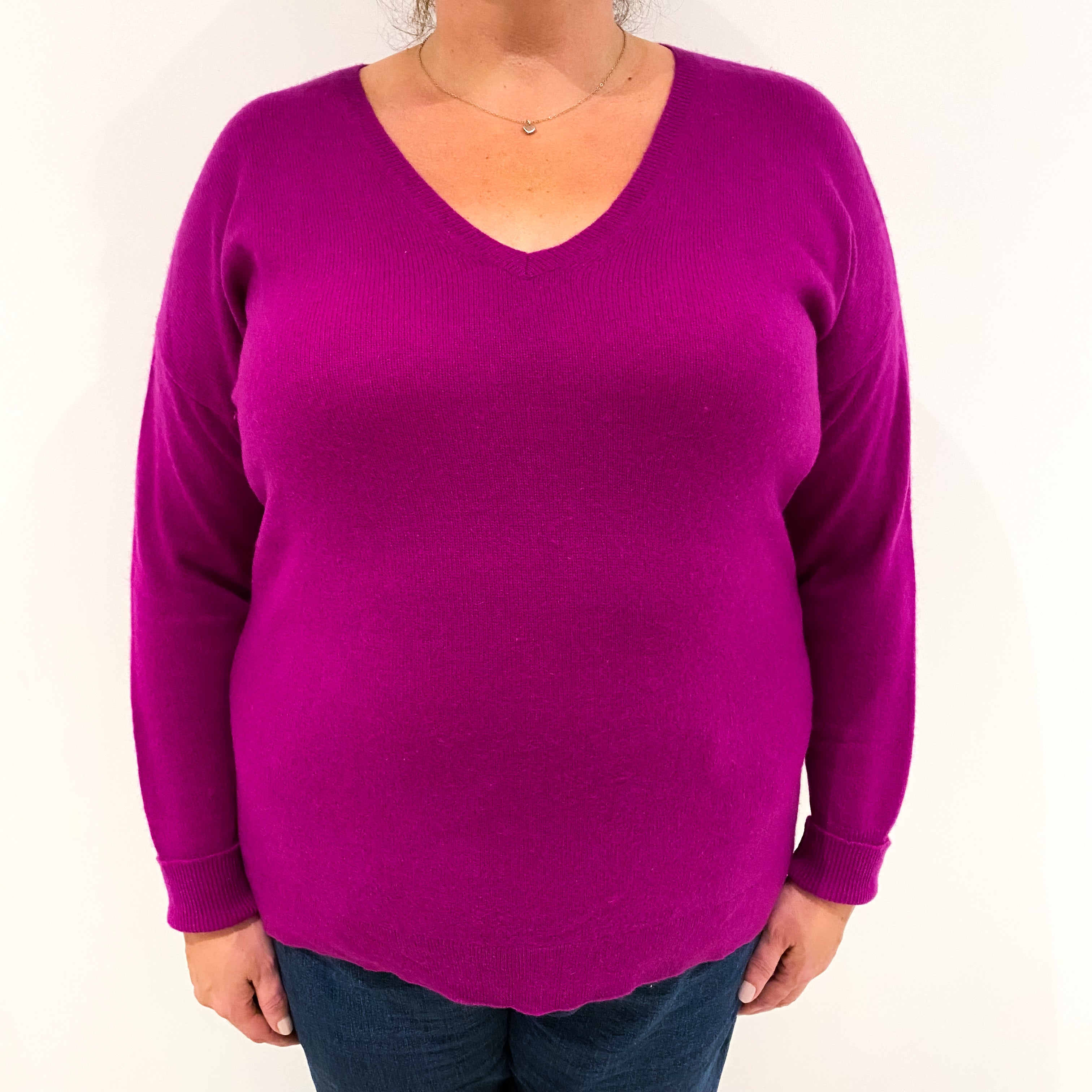 Magenta Pink Cashmere V-Neck Jumper Extra Large