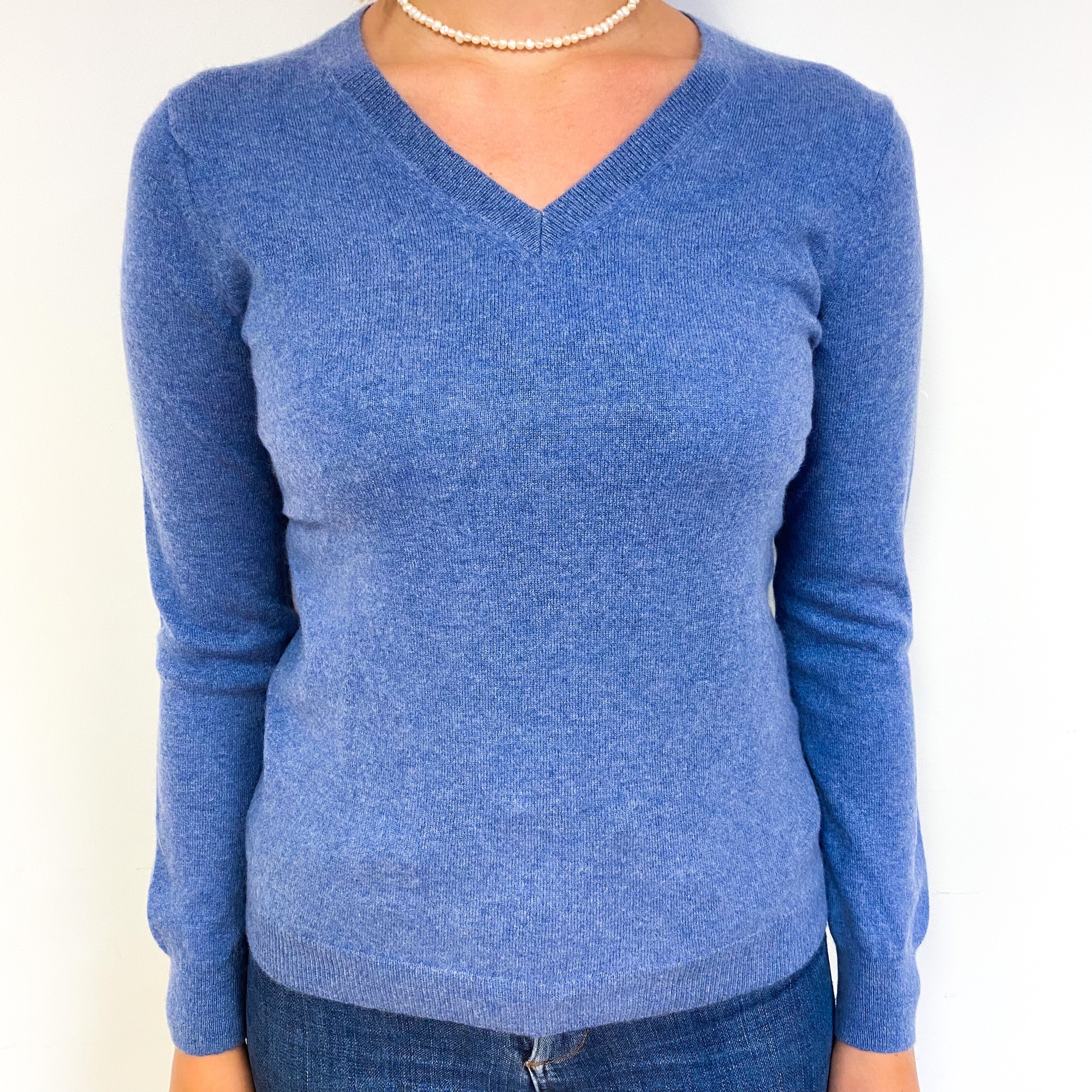 Denim Blue Cashmere V-Neck Jumper Small