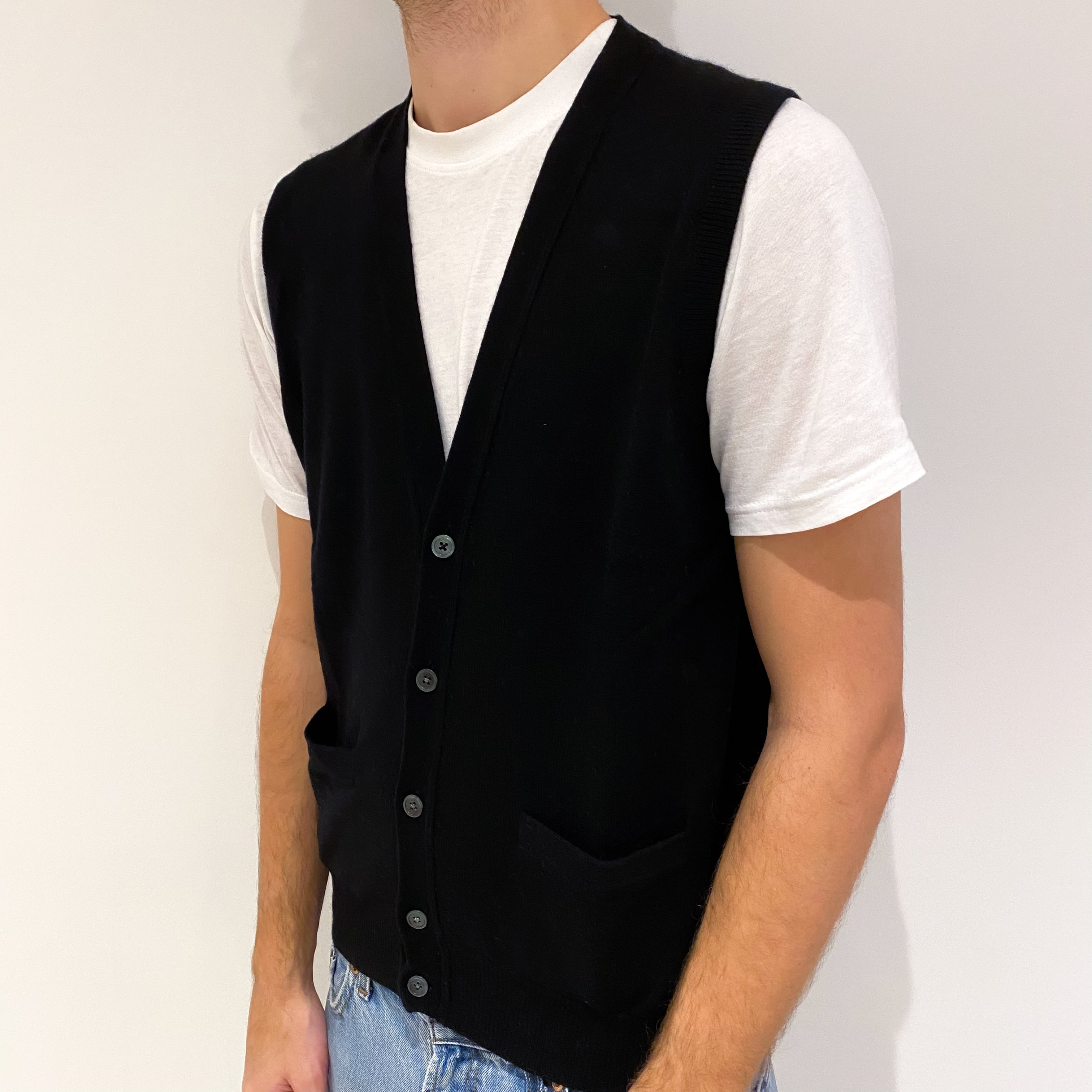 Men's Black Cashmere V Neck Gilet with Pockets Large
