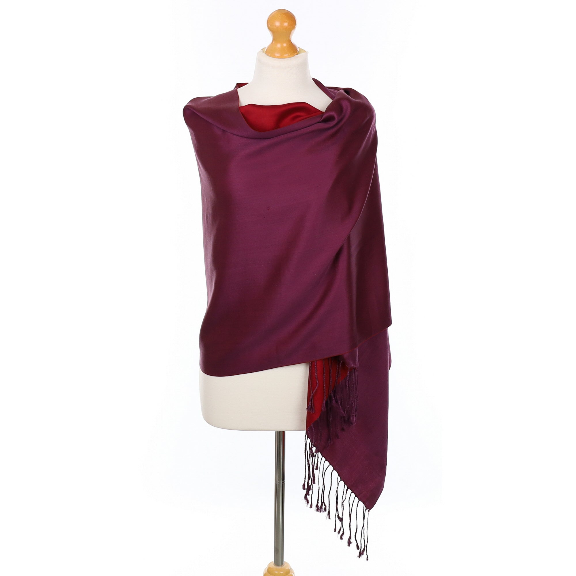 Brand New Aubergine and Dark Red Woven Wrap Silk Scarf