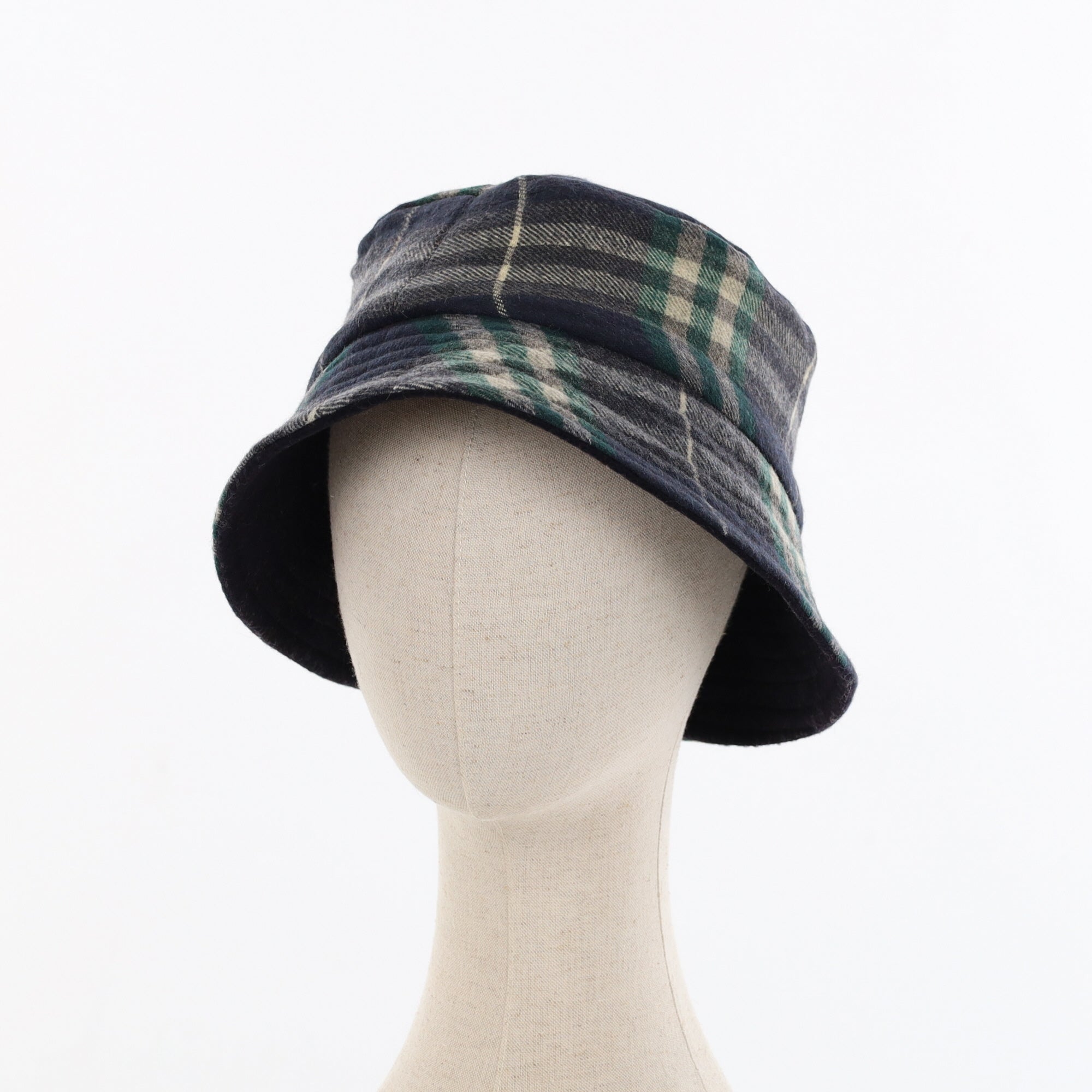 Unisex Navy & Green Check Reversible Cashmere Bucket Hat Men’s - M Women’s - L