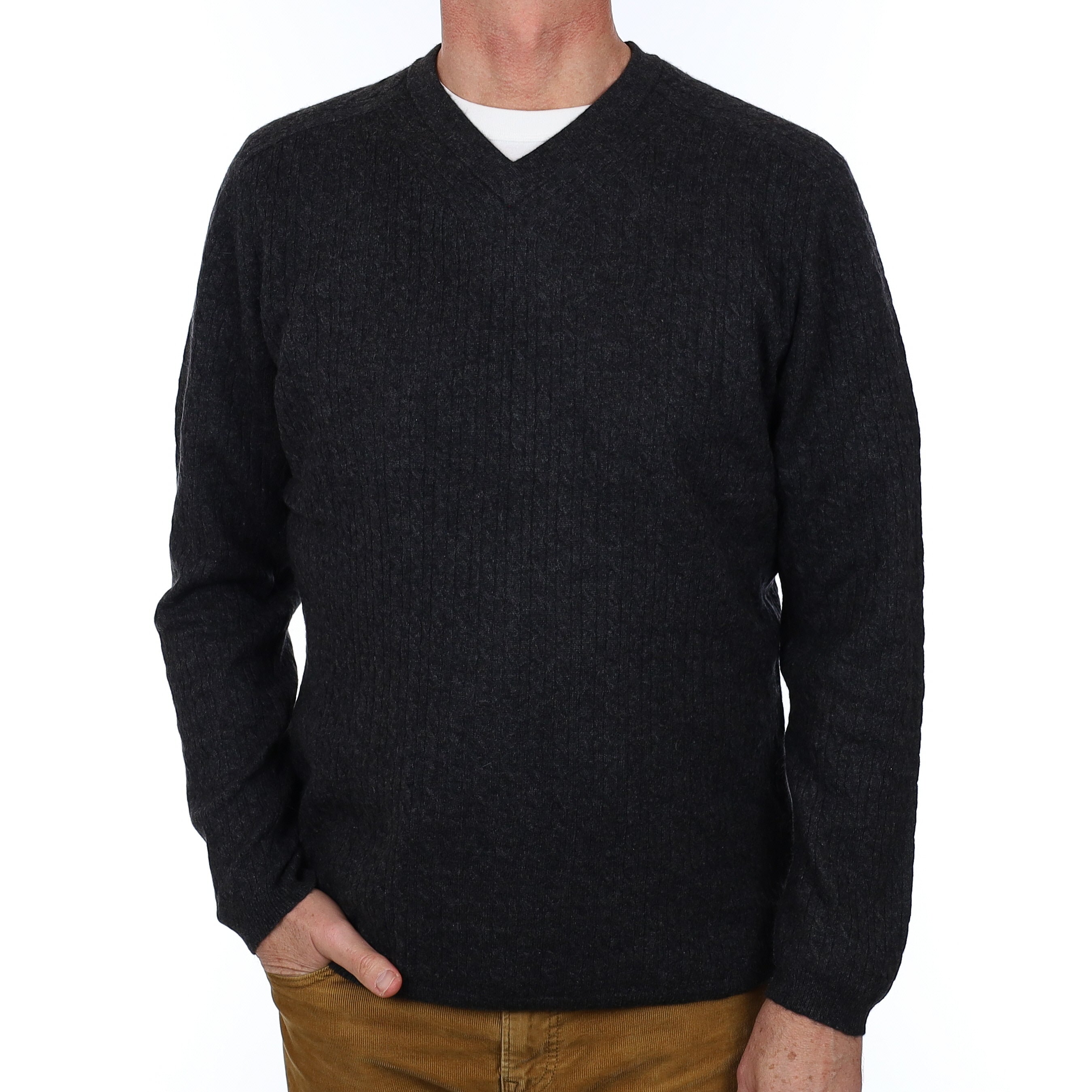 Men’s Granite Grey Cable Cashmere V Neck Jumper Extra Large