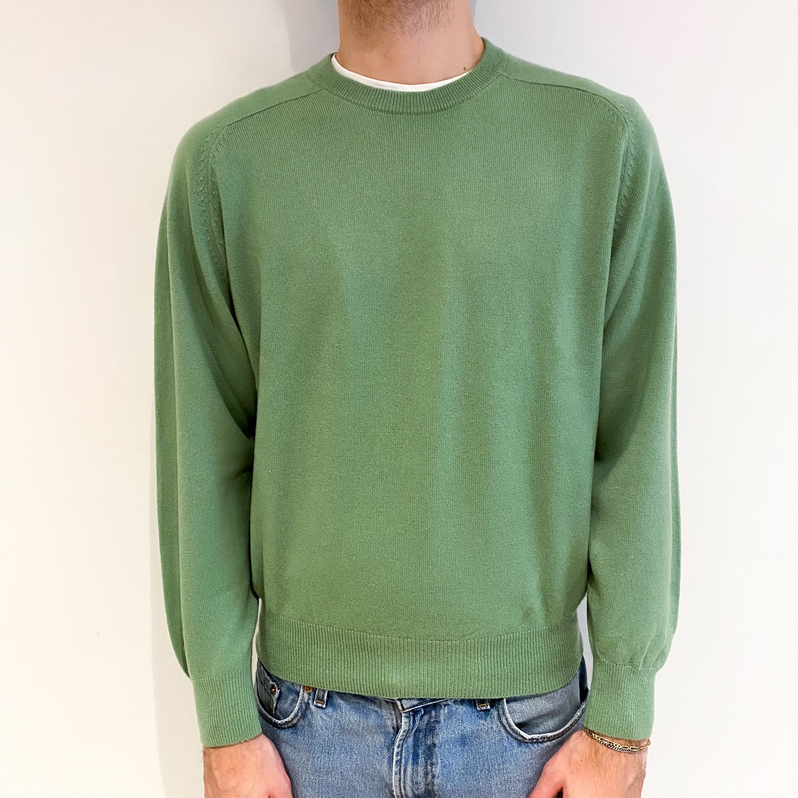 Men's Pear Green Cashmere Crew Neck Jumper Medium