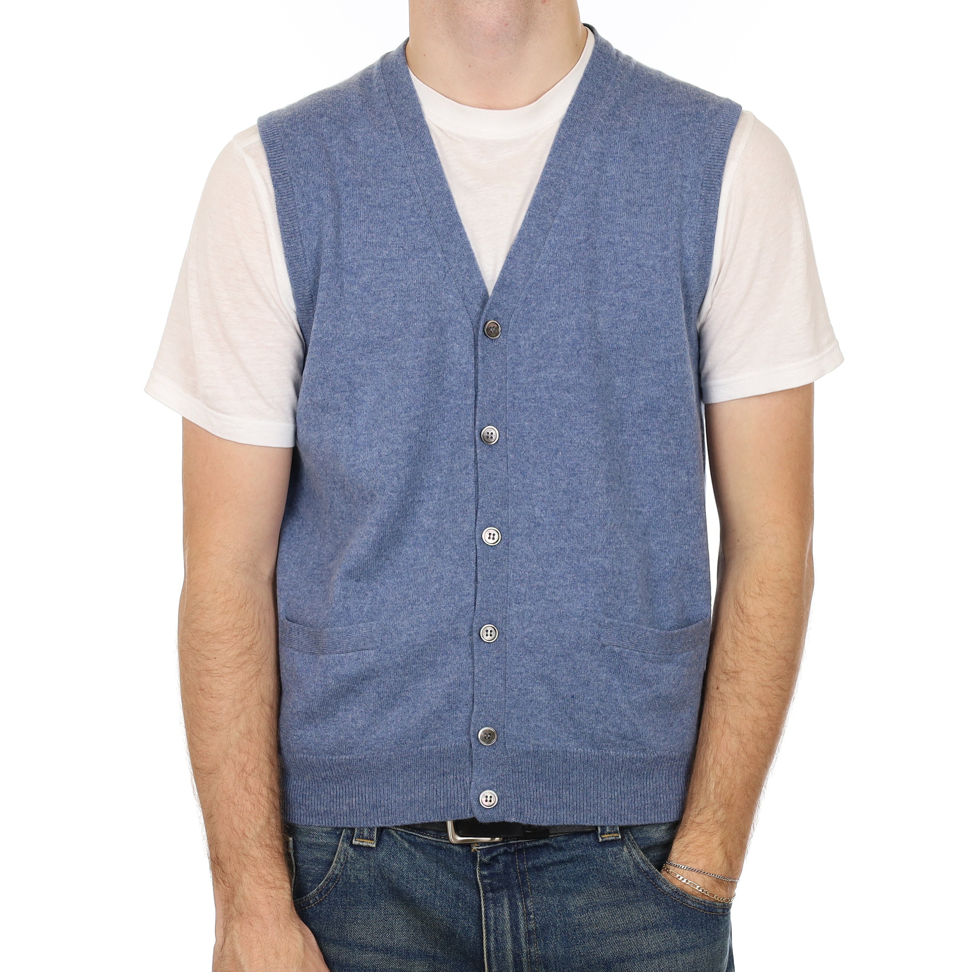 Men’s Denim Blue Cashmere V Neck Waistcoat with Pockets Medium