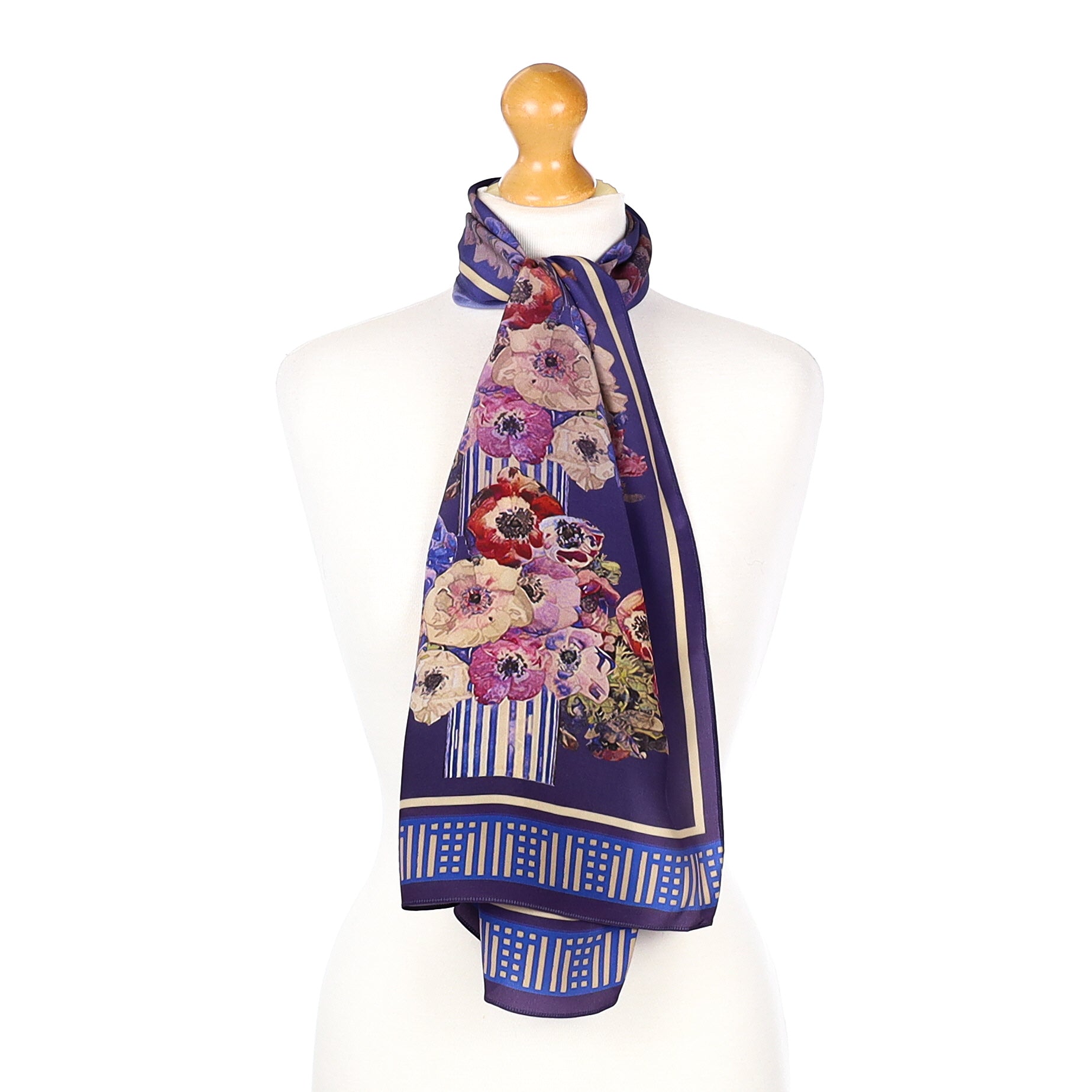 Blue Floral Long Silk Scarf