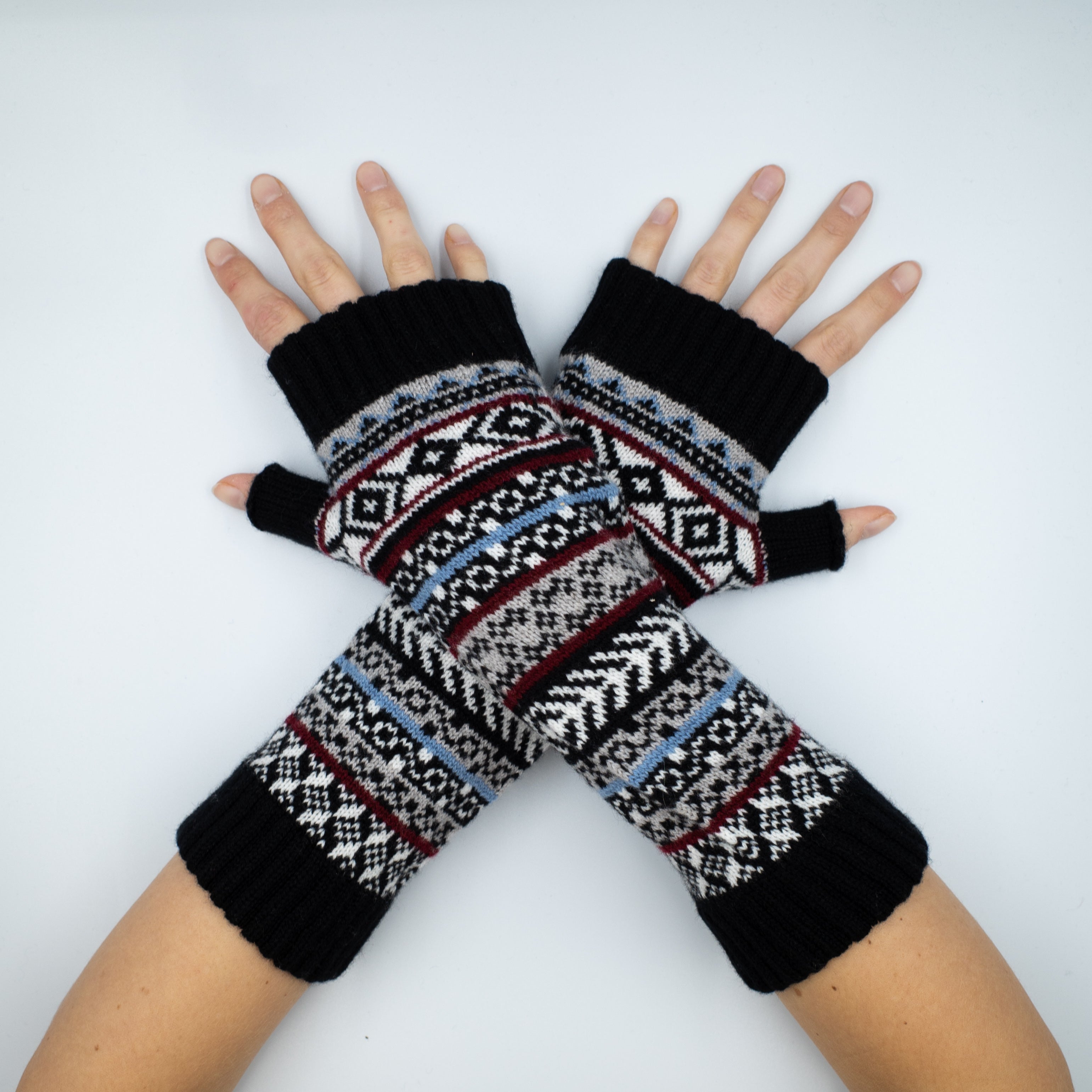 New Scottish Black Burgundy Fair Isle Fingerless Gloves
