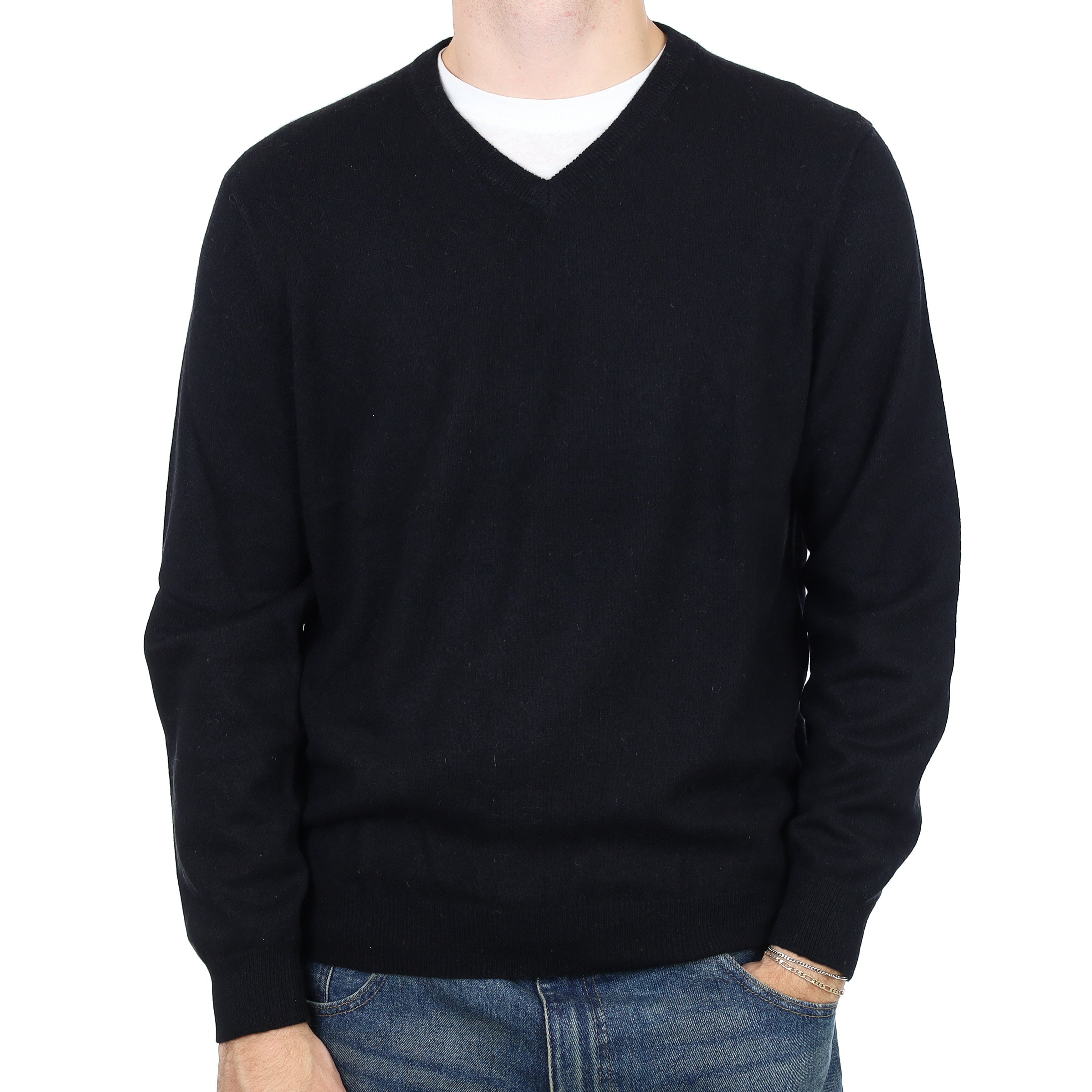 Men’s Black Cashmere V Neck Jumper Large