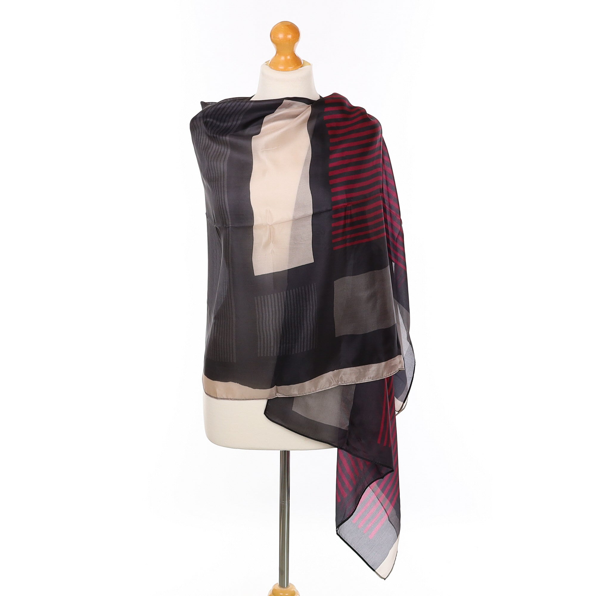 Jigsaw Black, Burgundy and Taupe Abstract Silk Scarf