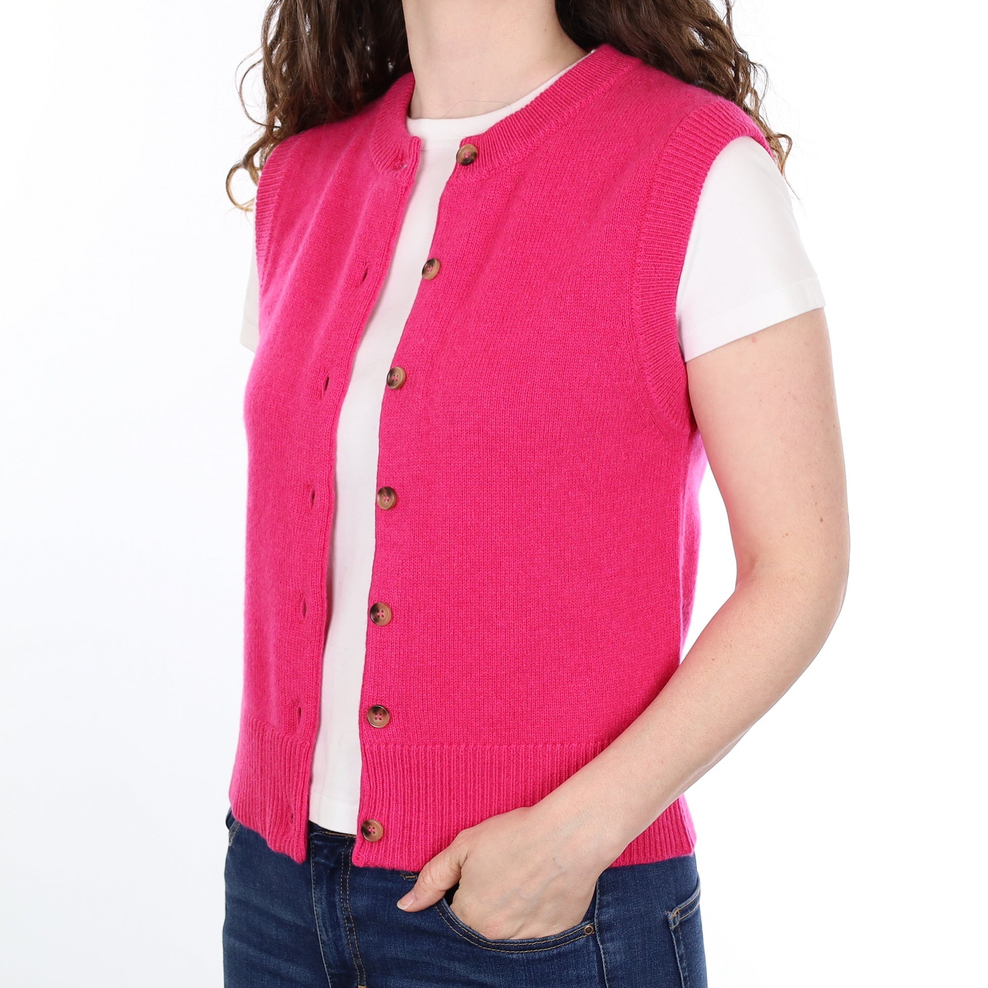 Brand New Hot Pink Luxury Cashmere Crew Neck Waistcoat Small UK 8-10