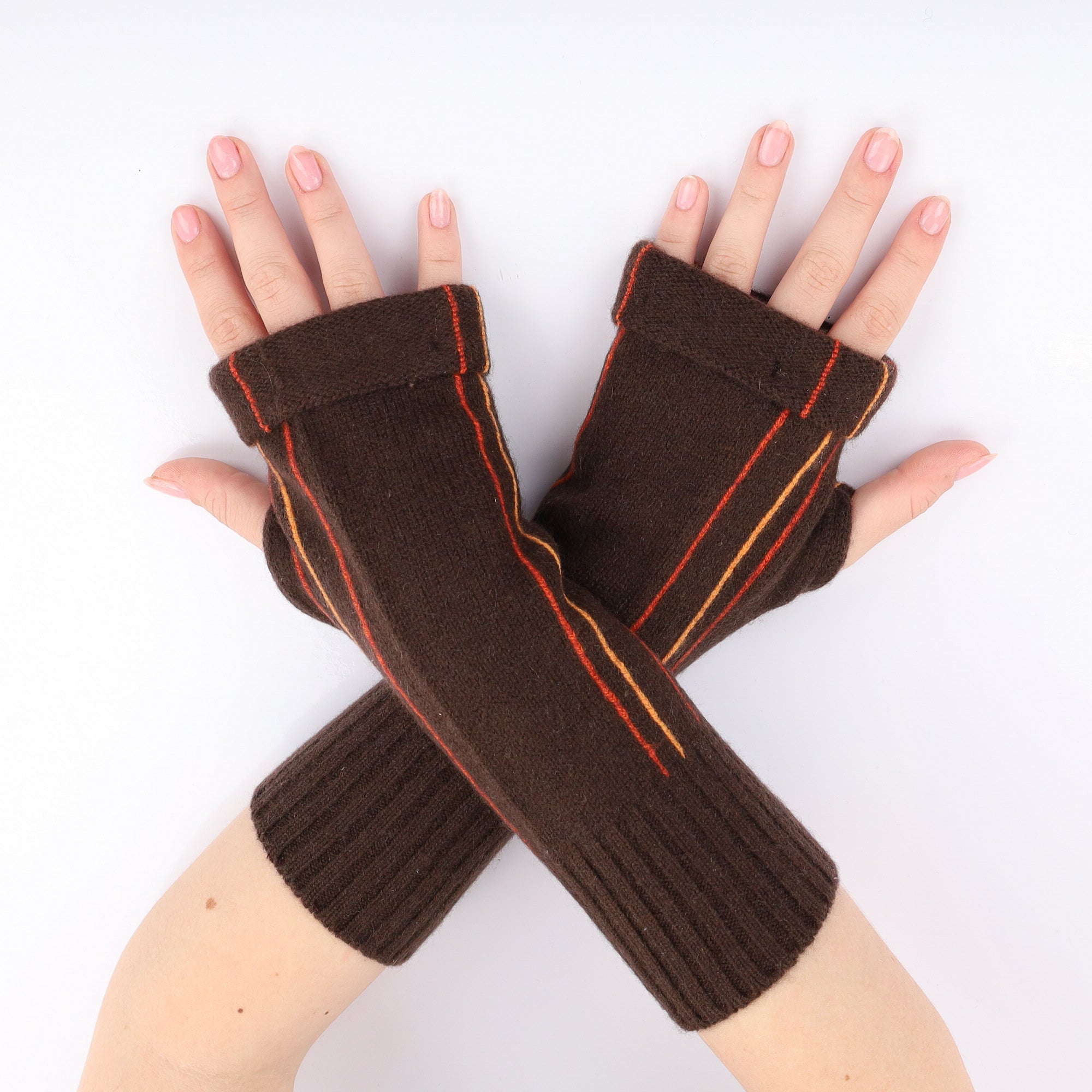 Chocolate and Orange Stripe Fingerless Gloves