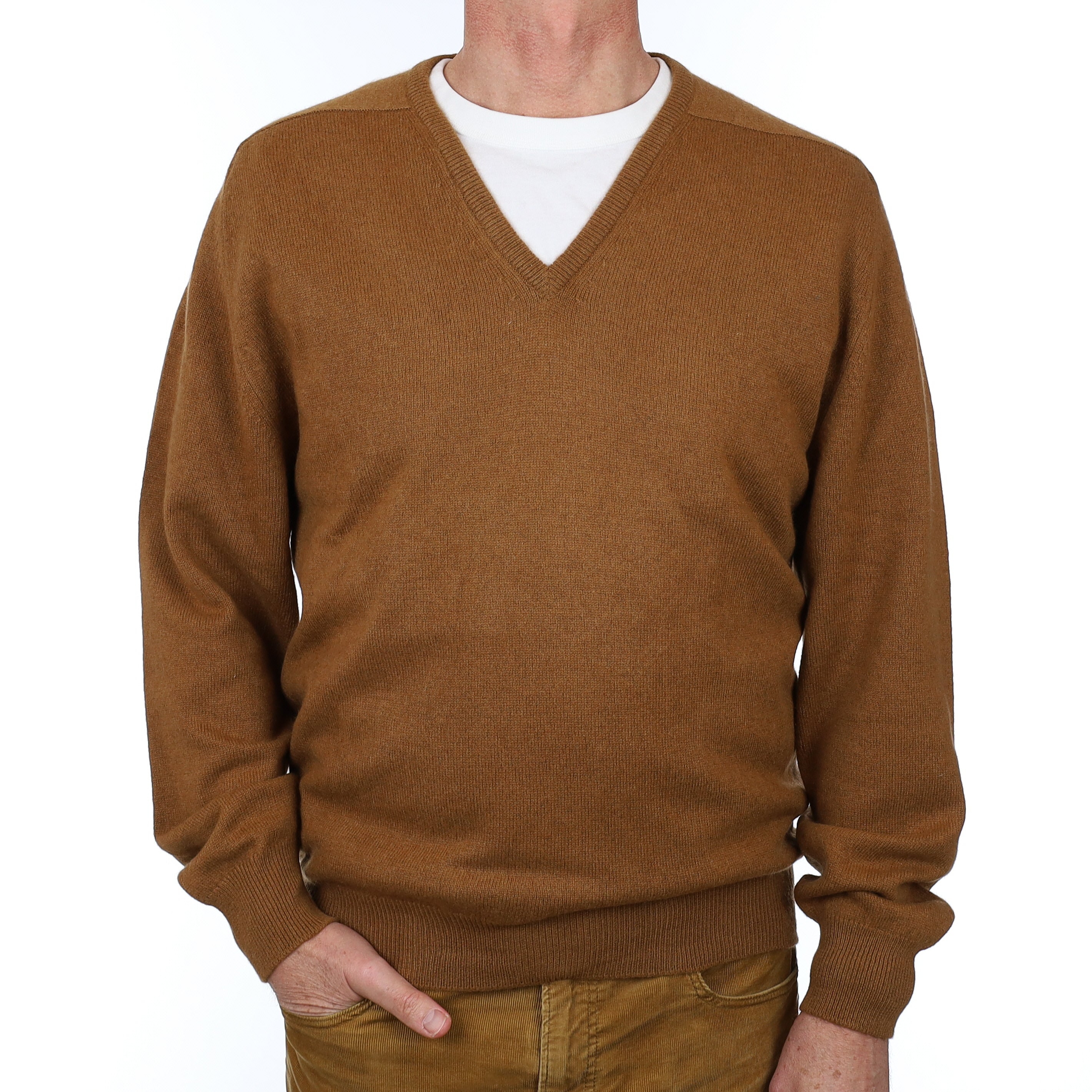 Men’s Vintage Scottish Cinnamon Brown Cashmere V Neck Jumper Extra Large