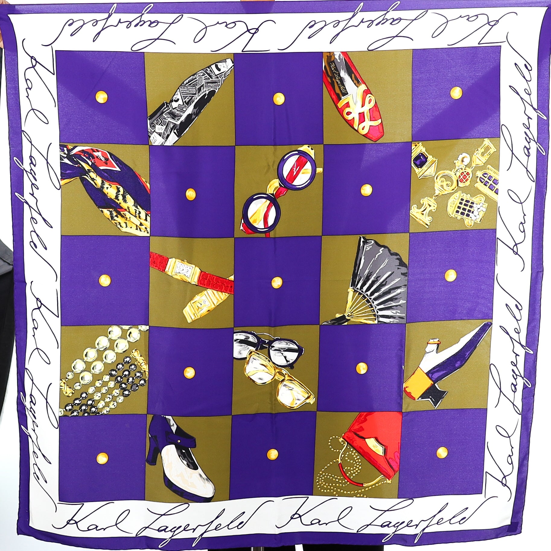 Brand New Karl Lagerfeld Purple and Khaki Checked Silk Scarf