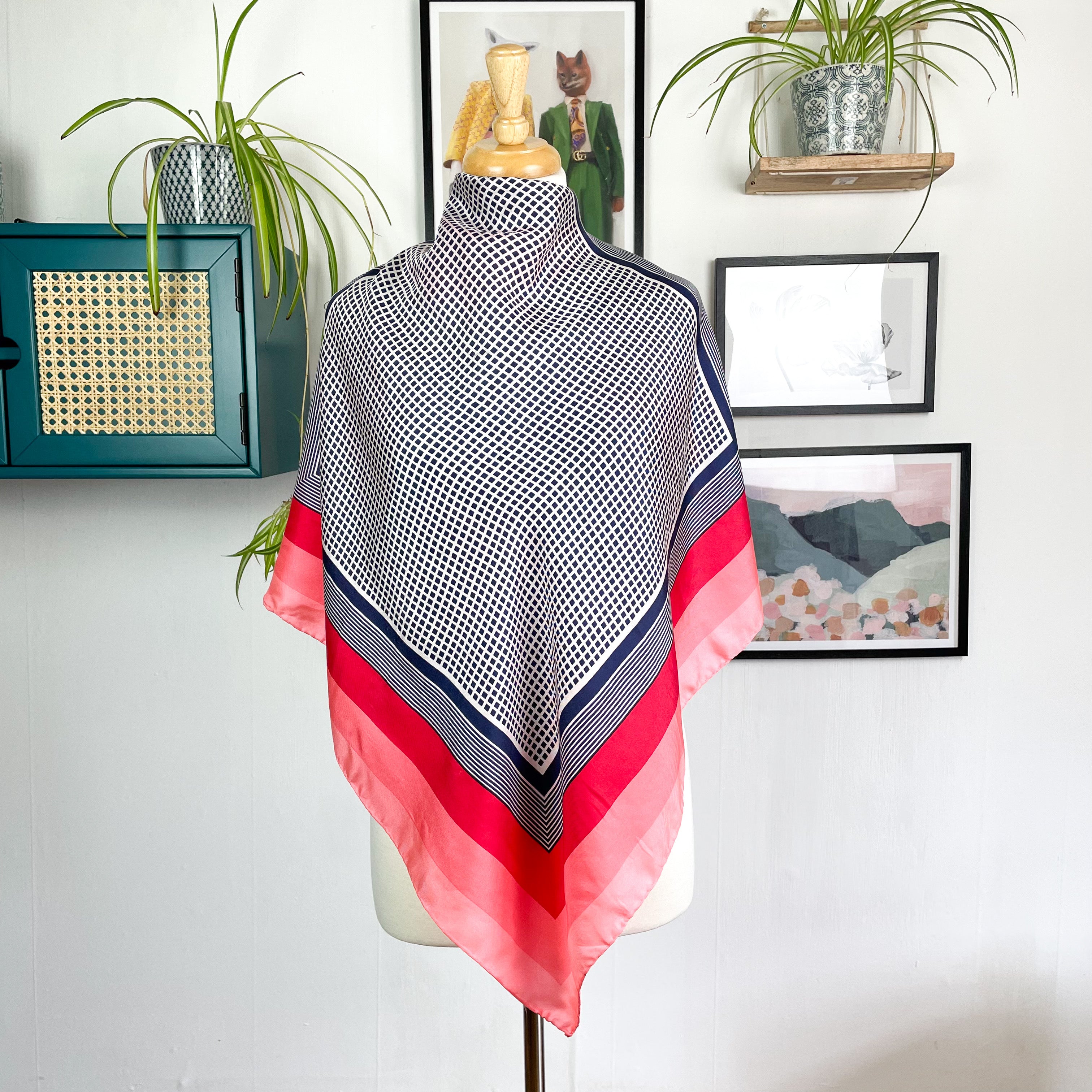 Geometric Navy and Coral Vintage Silk Scarf