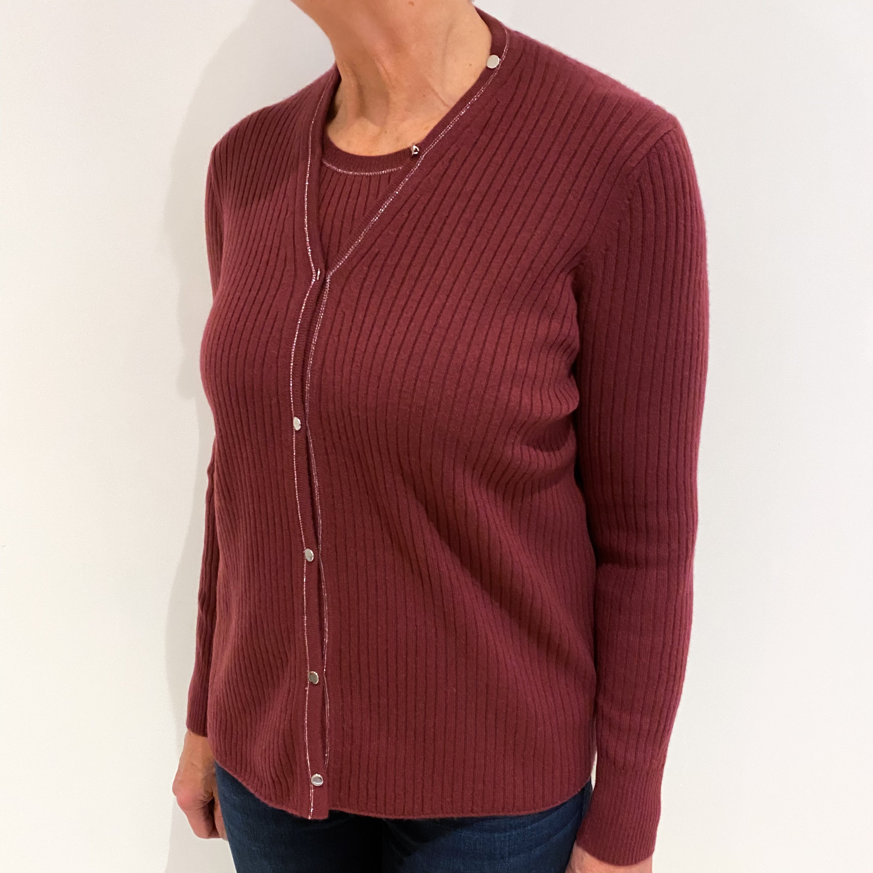 Brick Red Rib Knit Cashmere Twin Set Cardigan Medium