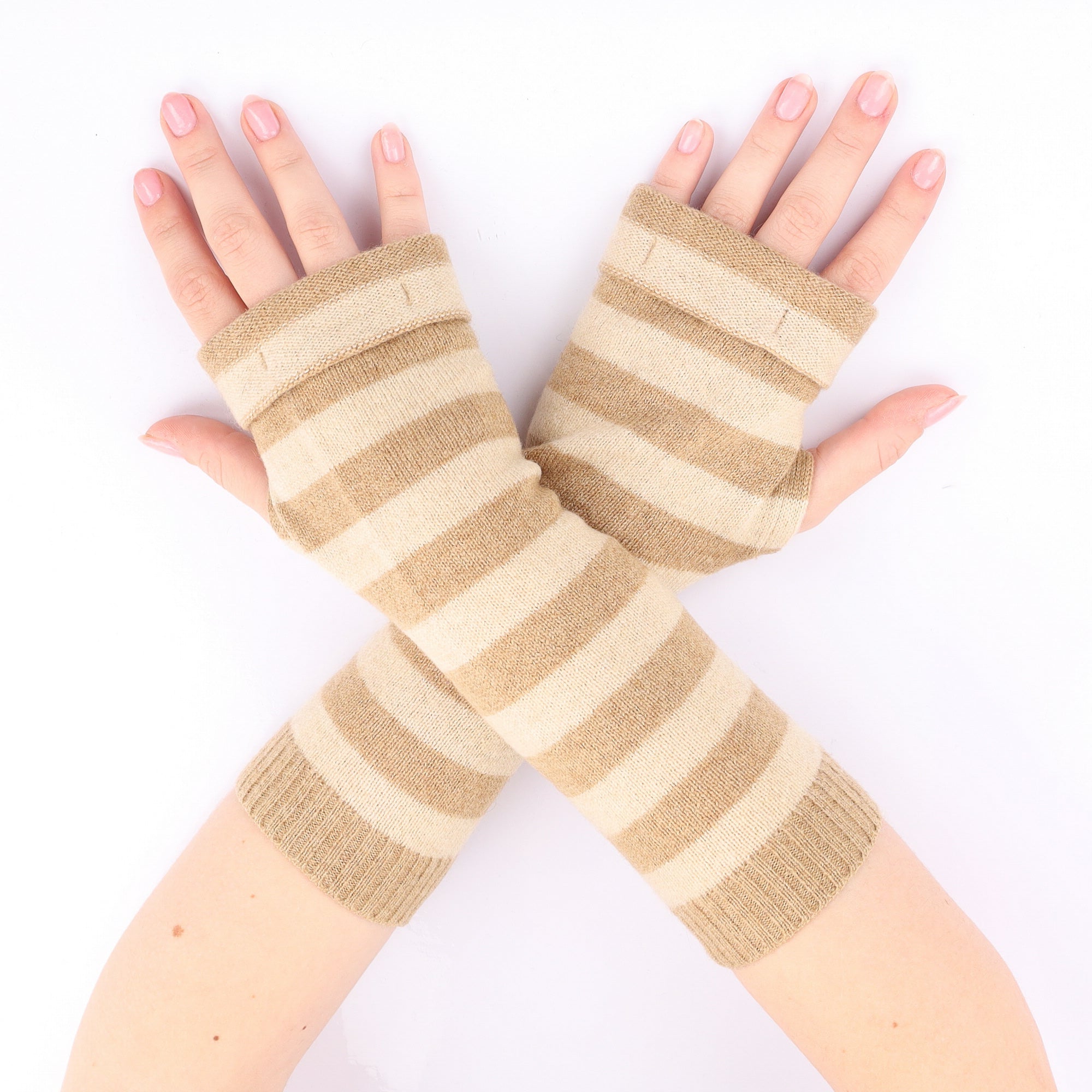 Caramel and Beige Stripe Fingerless Gloves