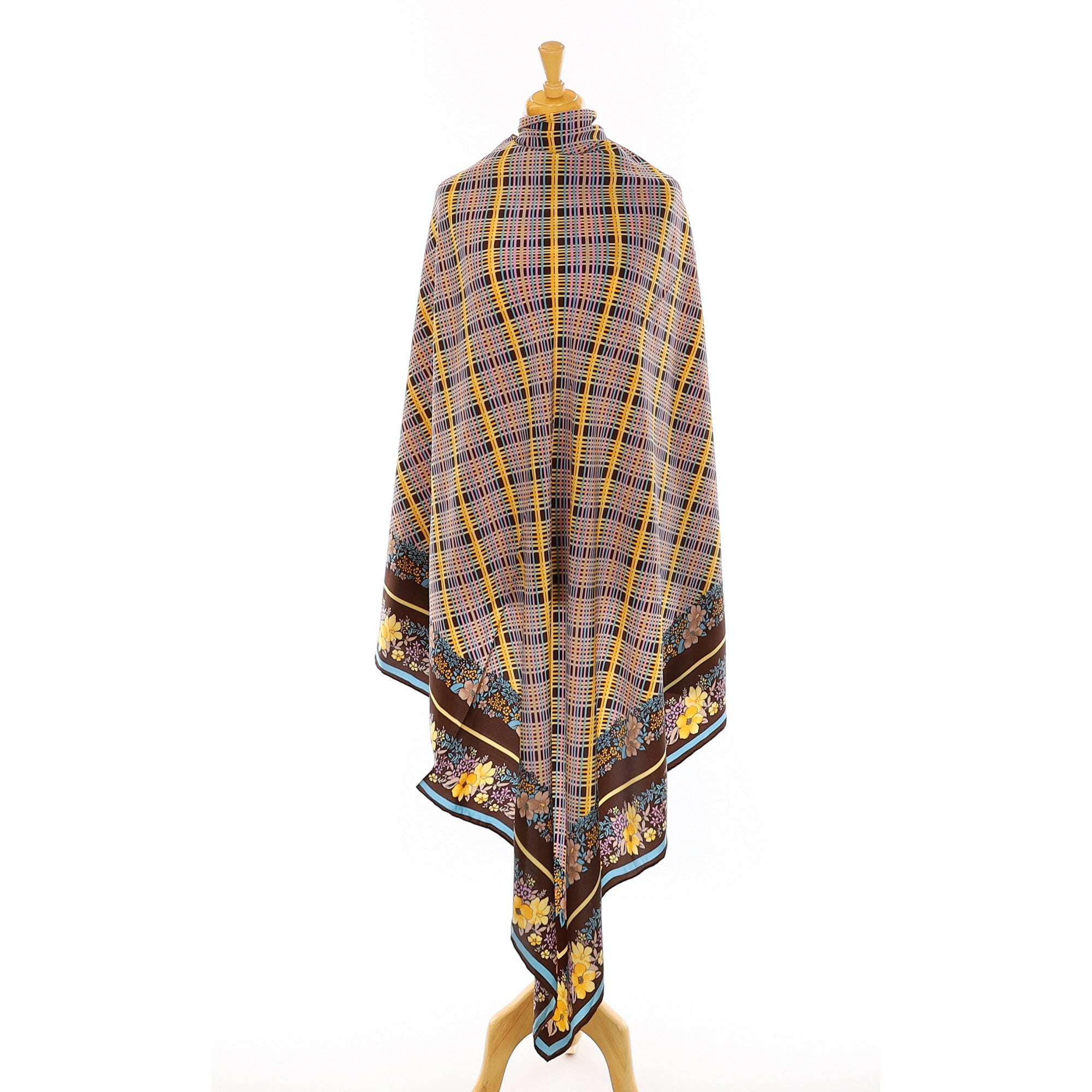 Large Brown Check Floral Silk Scarf