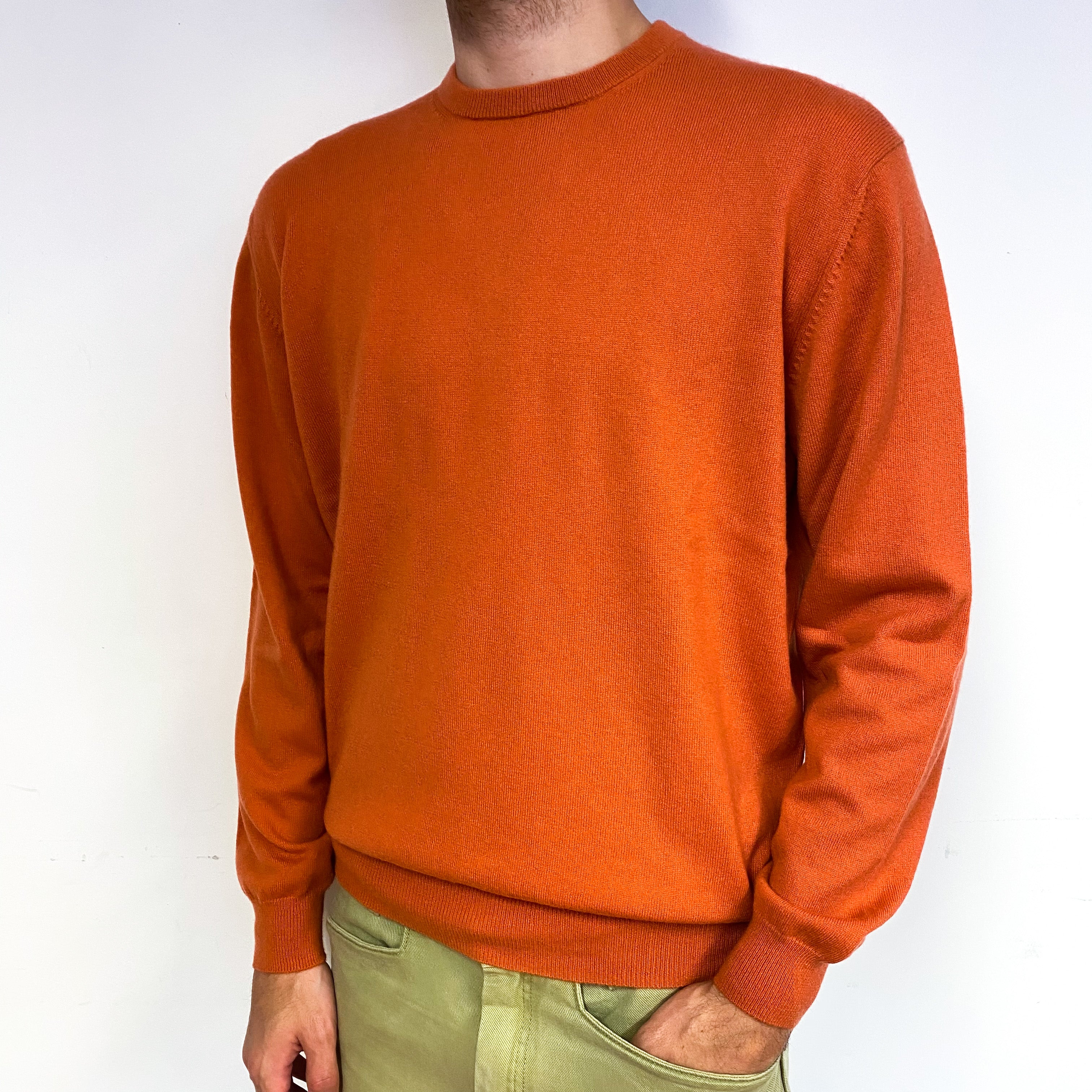 Men's Burnt Orange Cashmere Crew Neck Jumper Large