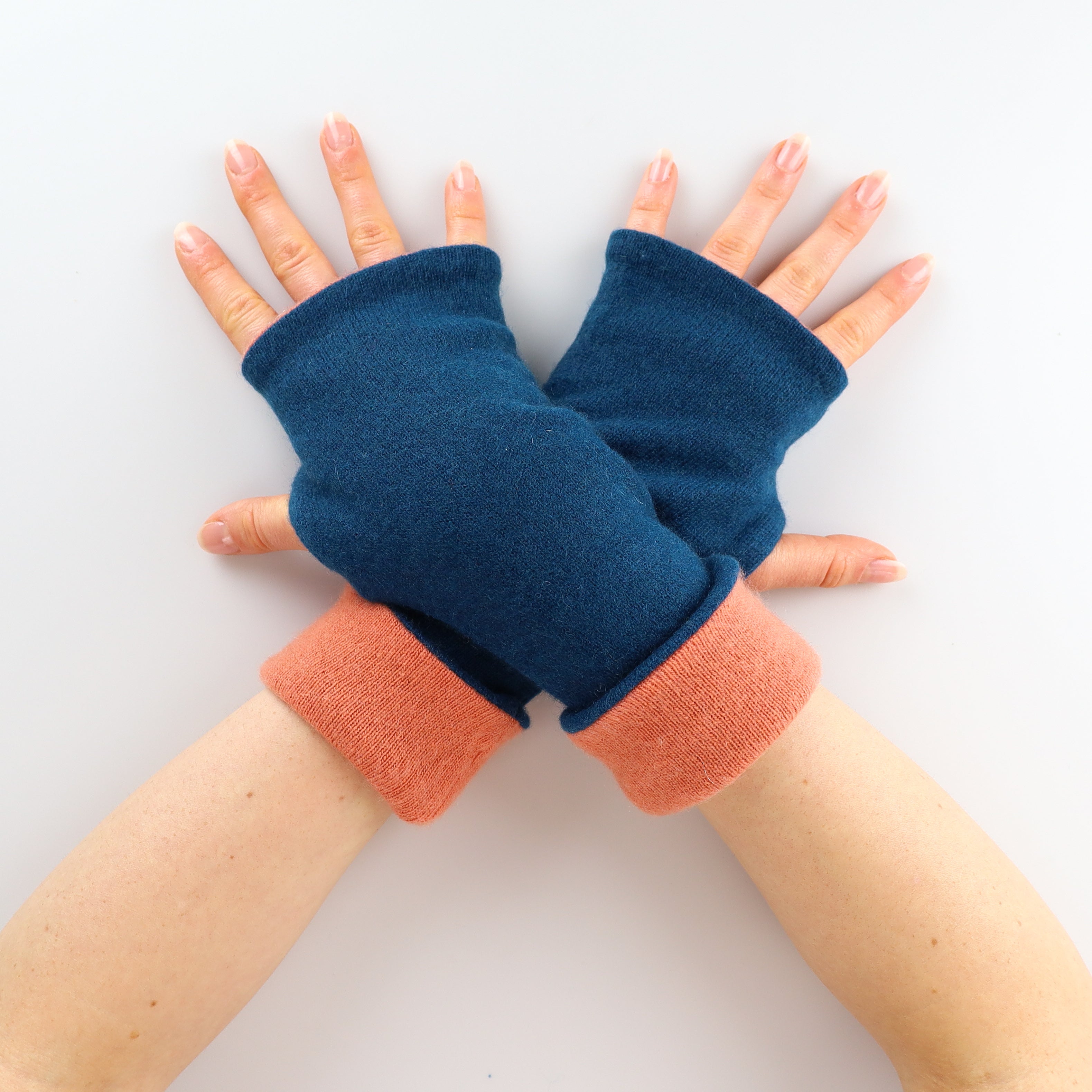 Petrol Blue and Terracotta Reversible Cashmere Fingerless Gloves