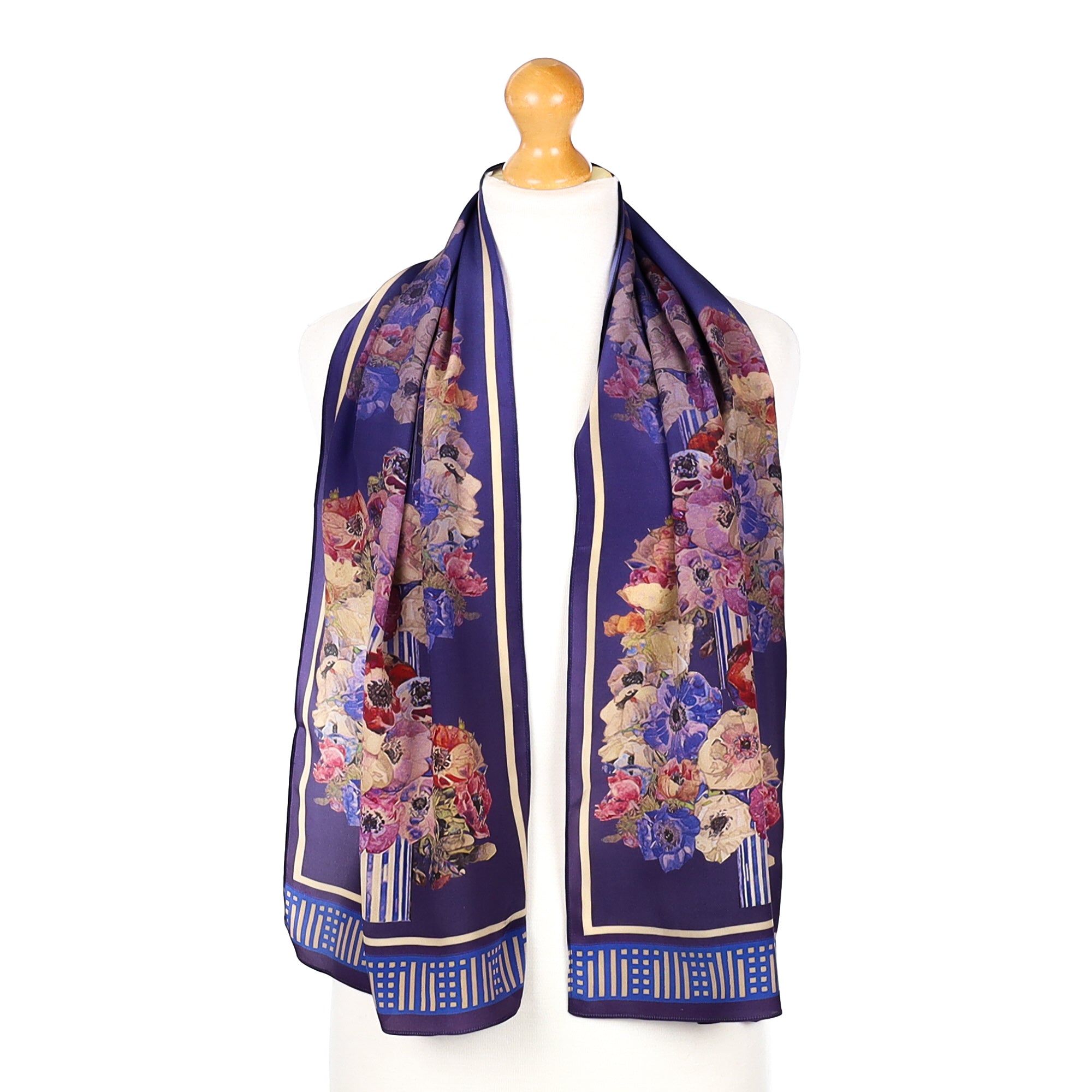 Blue Floral Long Silk Scarf