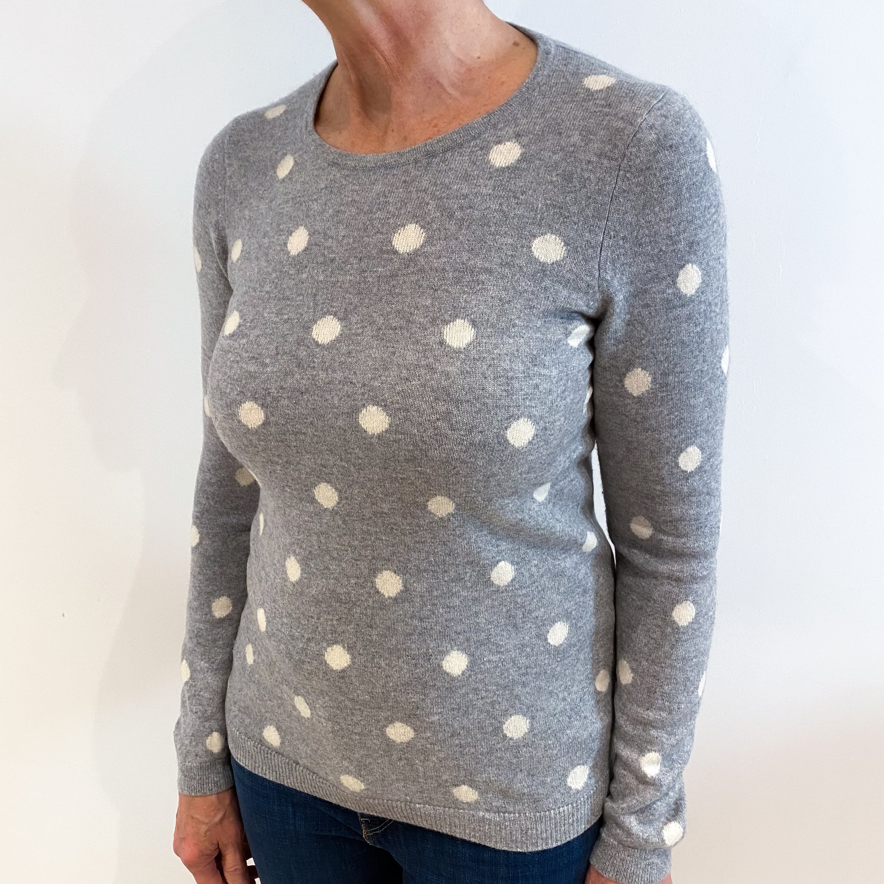 Smoke Grey and Cream Polkadot Cashmere Crew Neck Jumper Medium