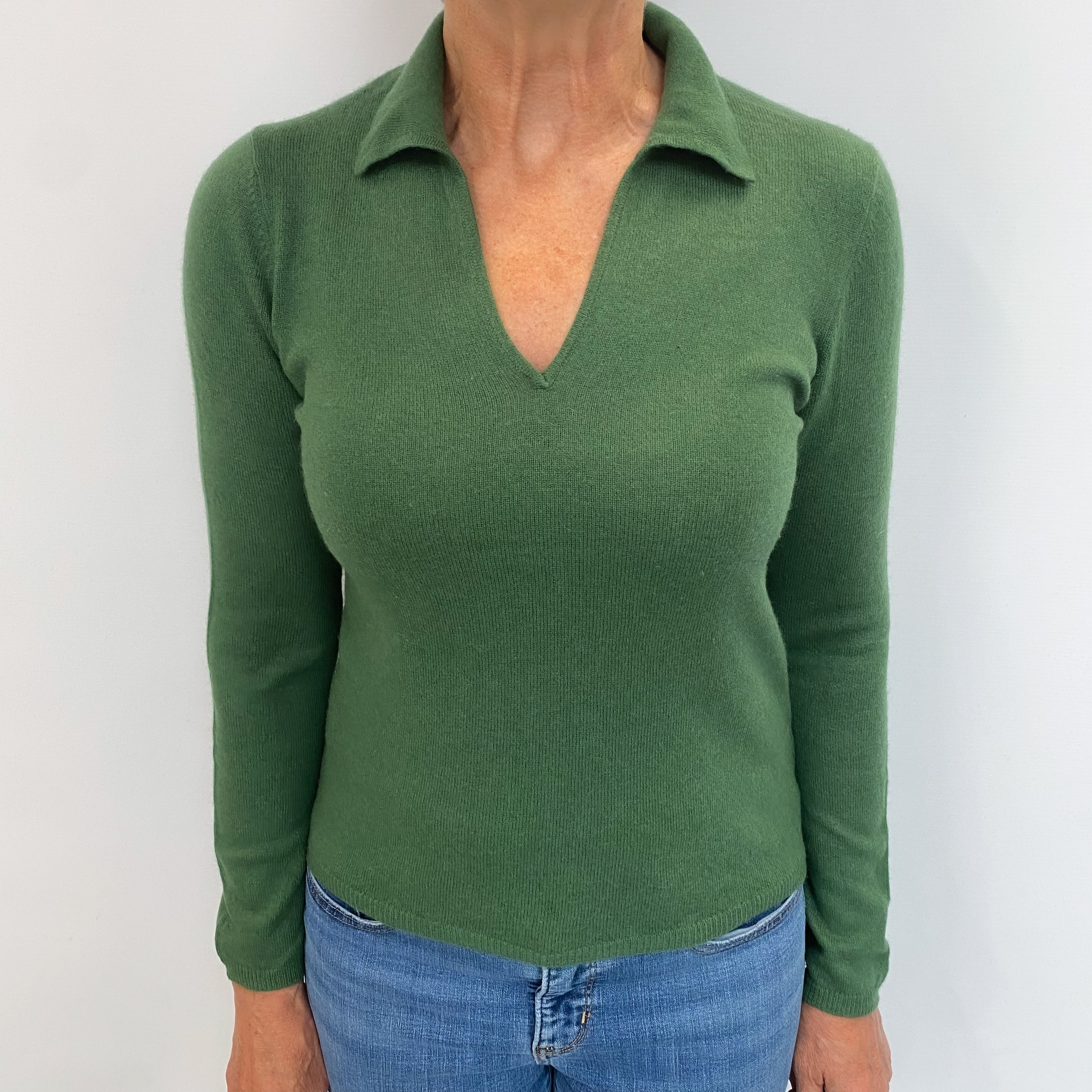 Fern Green Cashmere Collared V Neck Jumper Medium
