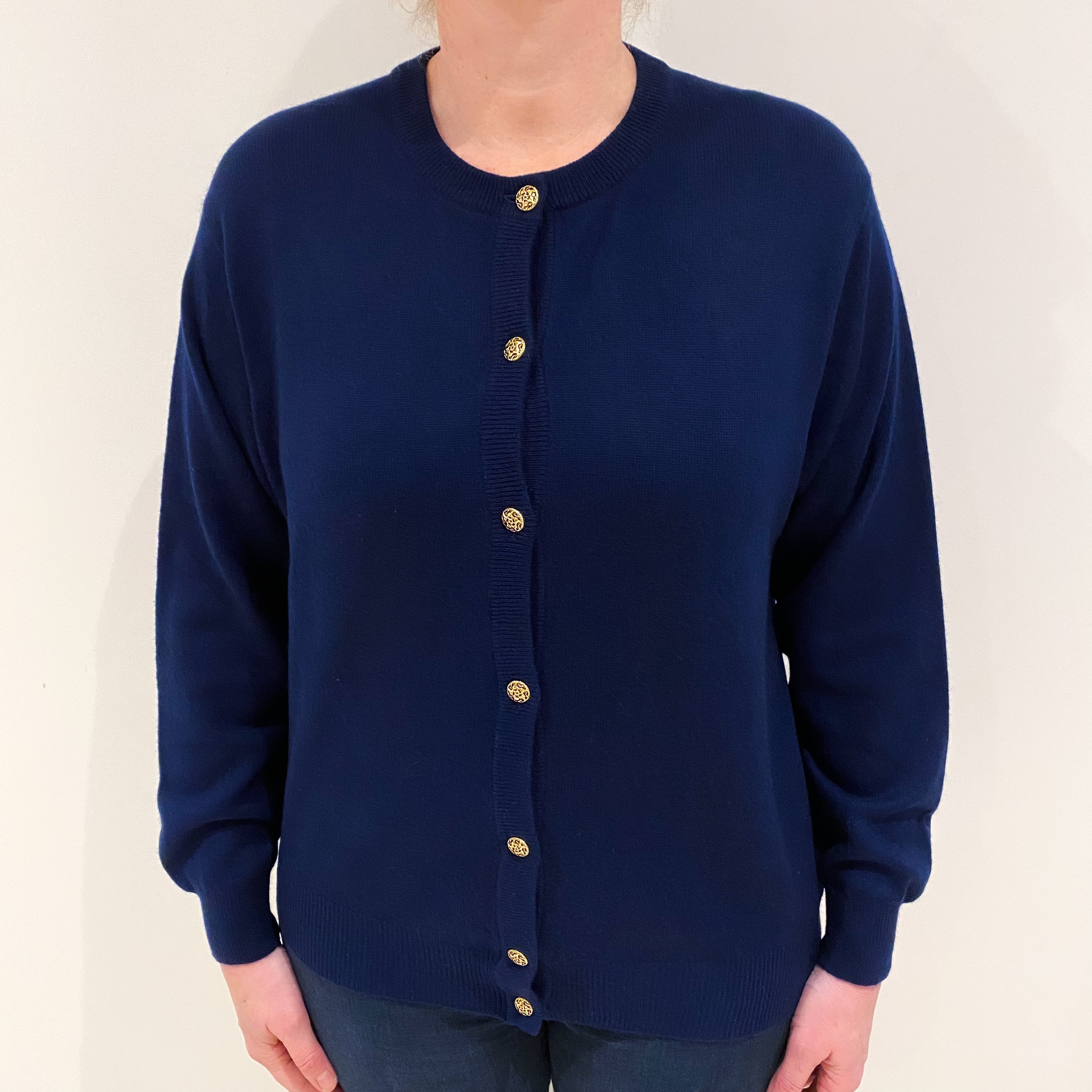 Navy Blue Cashmere Crew Neck Cardigan Large