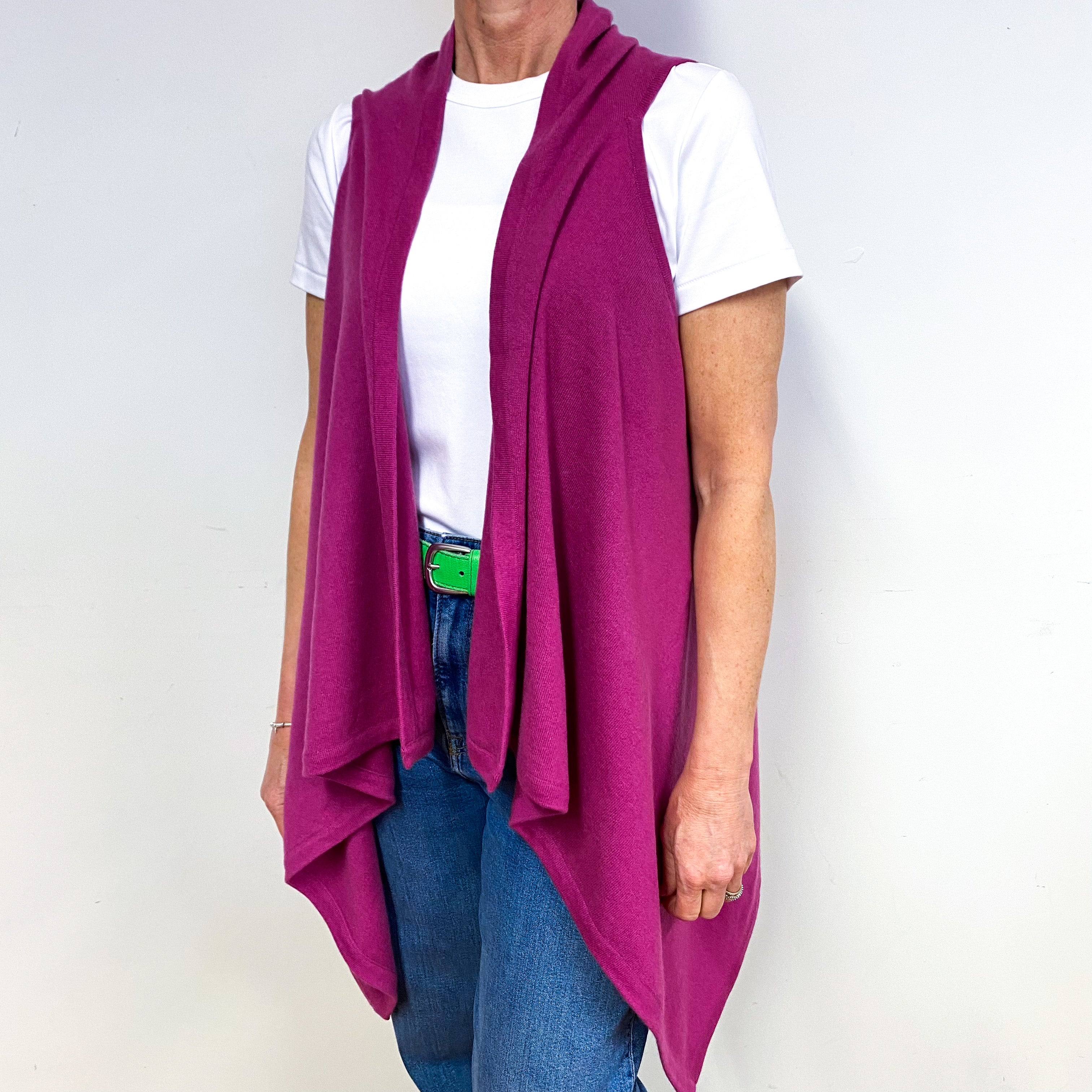 Magenta Pink Cashmere Sleeveless Waterfall Cardigan Medium