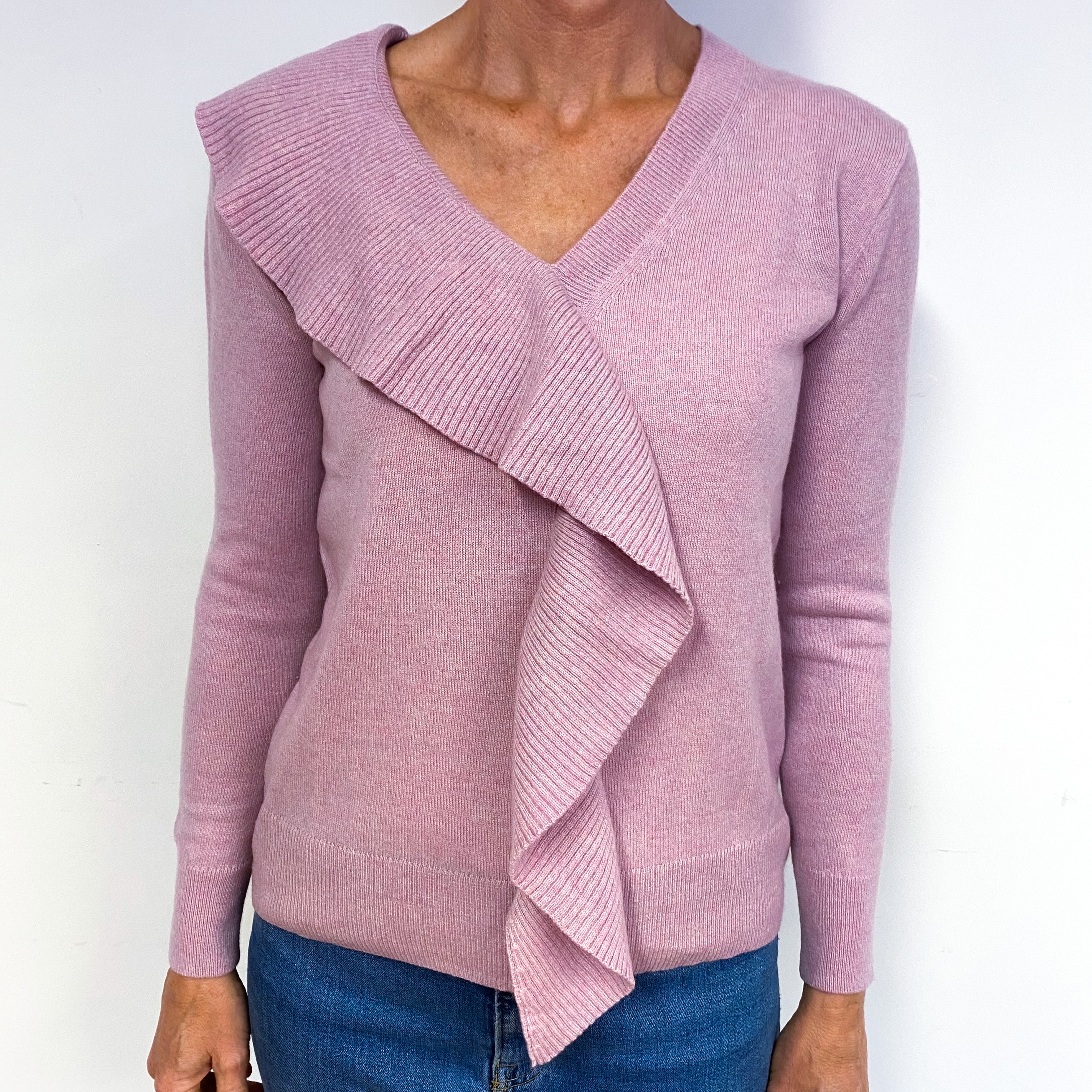 Mauve Pink Ruffle Cashmere V-Neck Jumper Medium