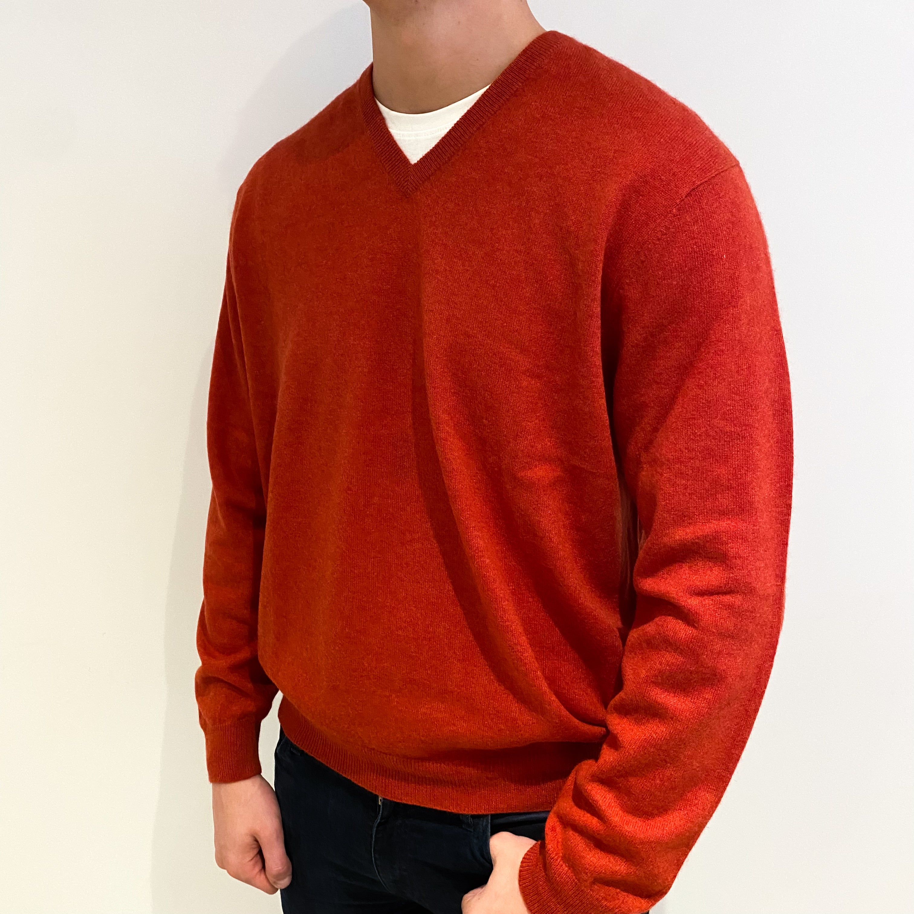 Men's Paprika Orange Cashmere V Neck Jumper XXL