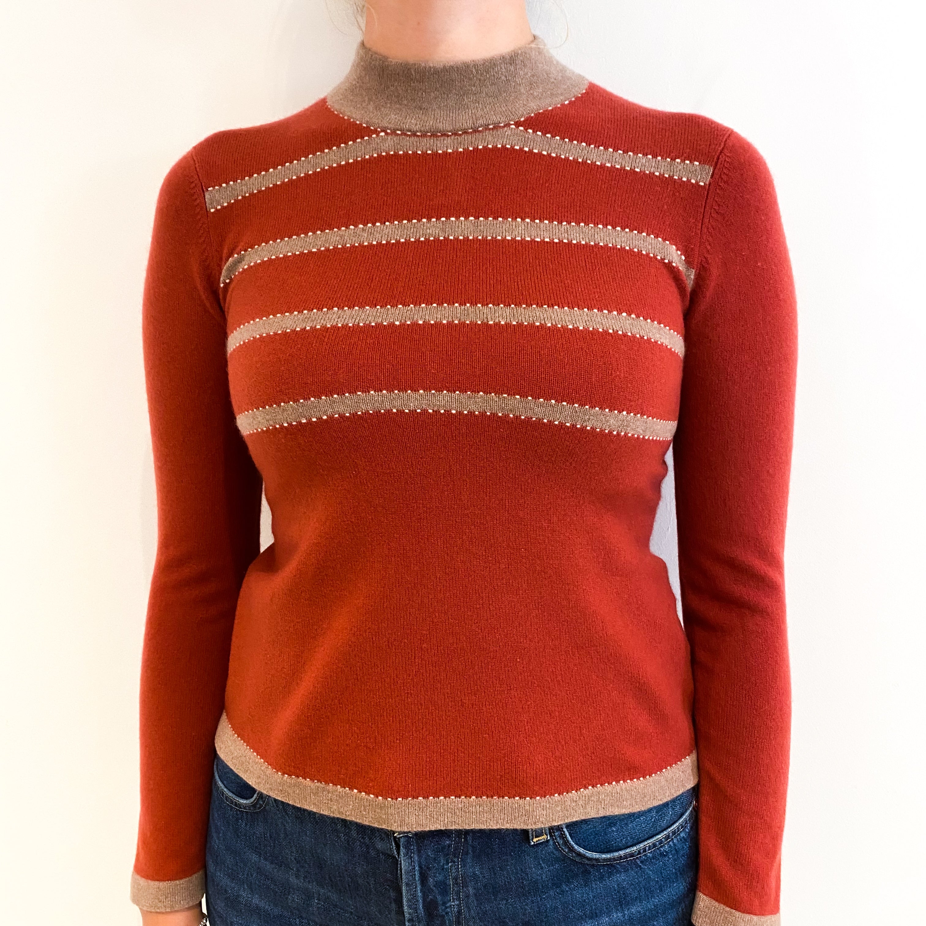 Rust and Caramel Stripe Cashmere Turtle Neck Jumper Small