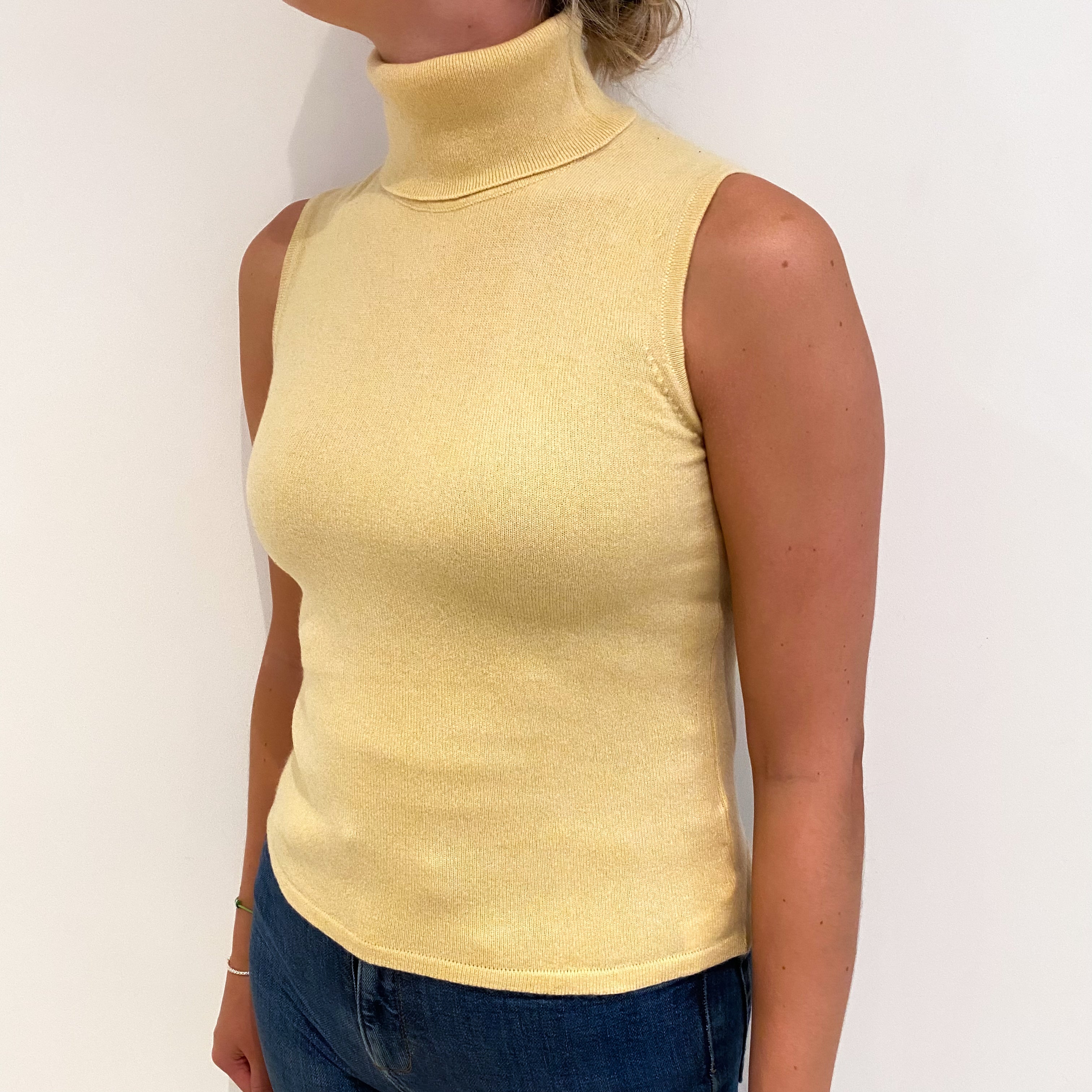 Custard Yellow Cashmere Polo Neck Sleeveless Jumper Small