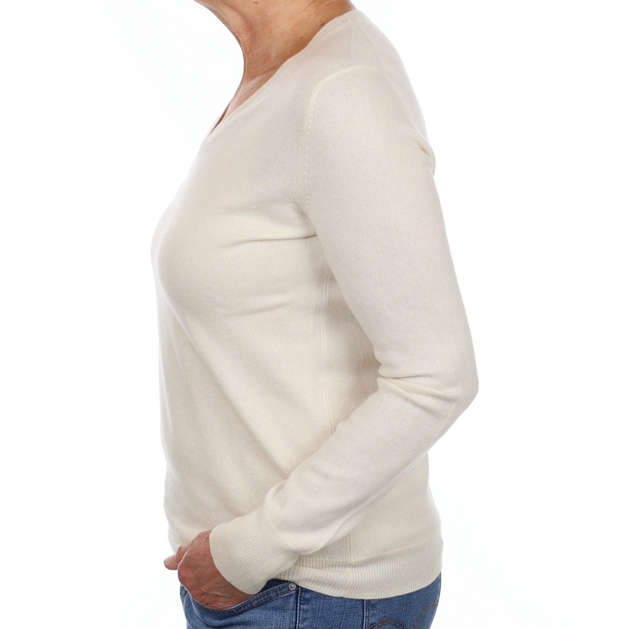 Vanilla Cream Cashmere V Neck Jumper Medium