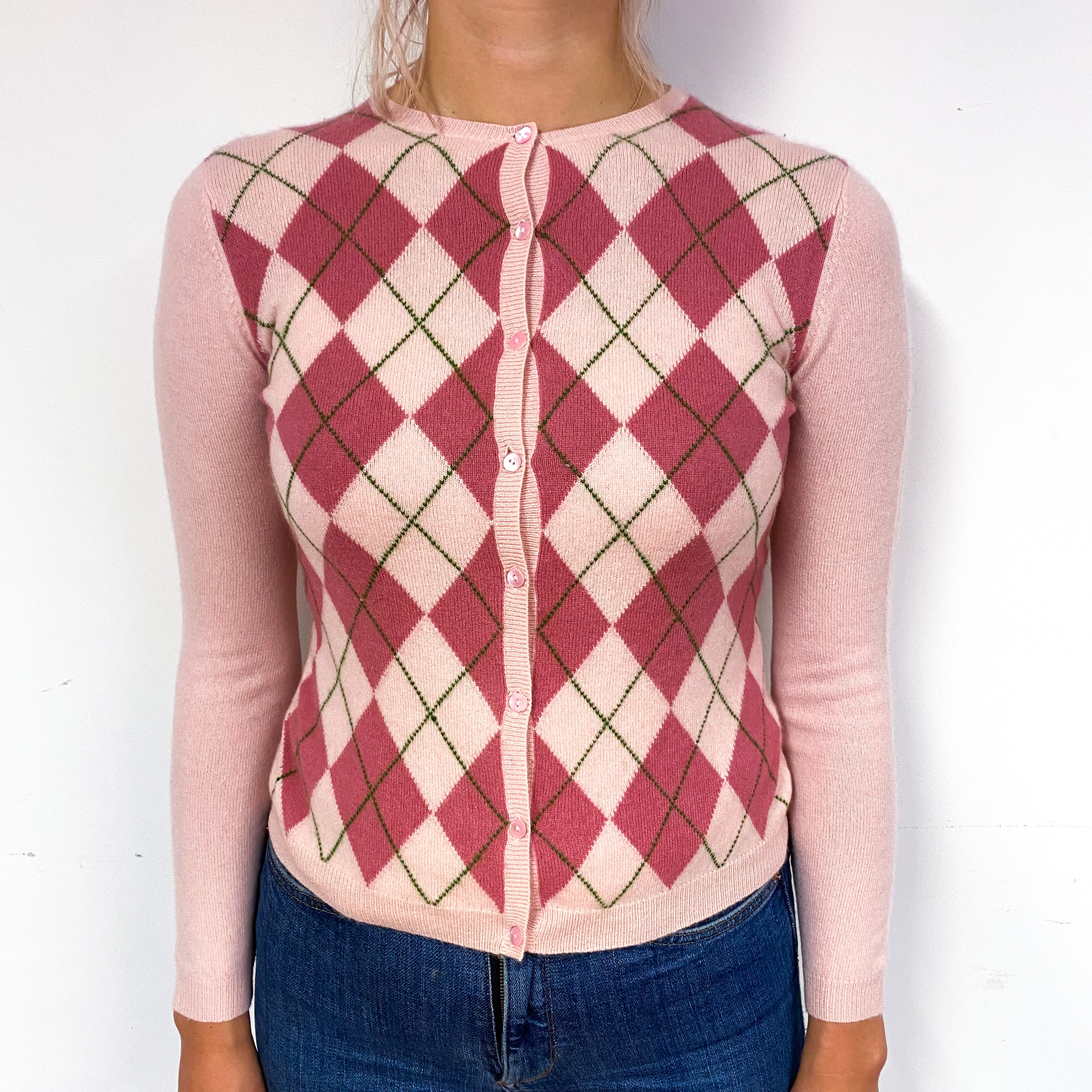 Pale Pink Argyle Cashmere Crew Neck Cardigan Small/Petite